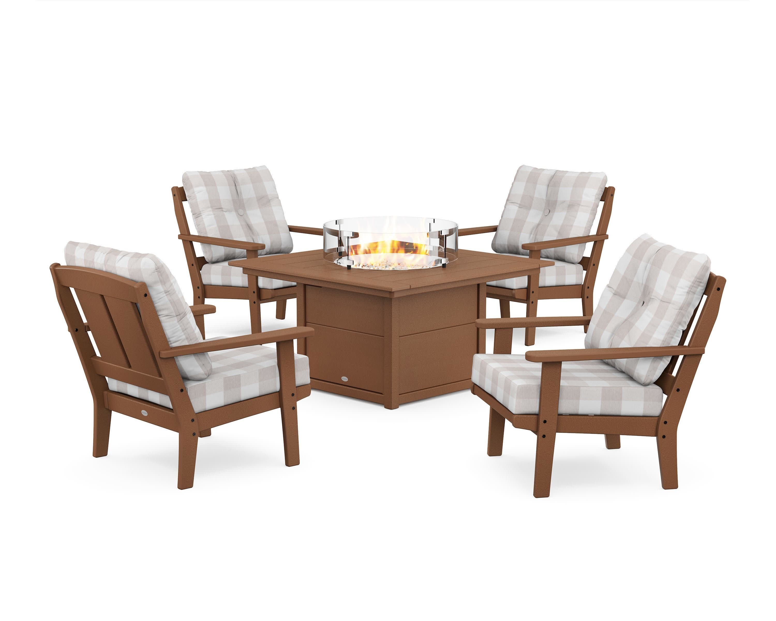 Mission 5-Piece Deep Seating Set with Fire Pit Table in Teak / Buffalo Plaid Dune Burlap