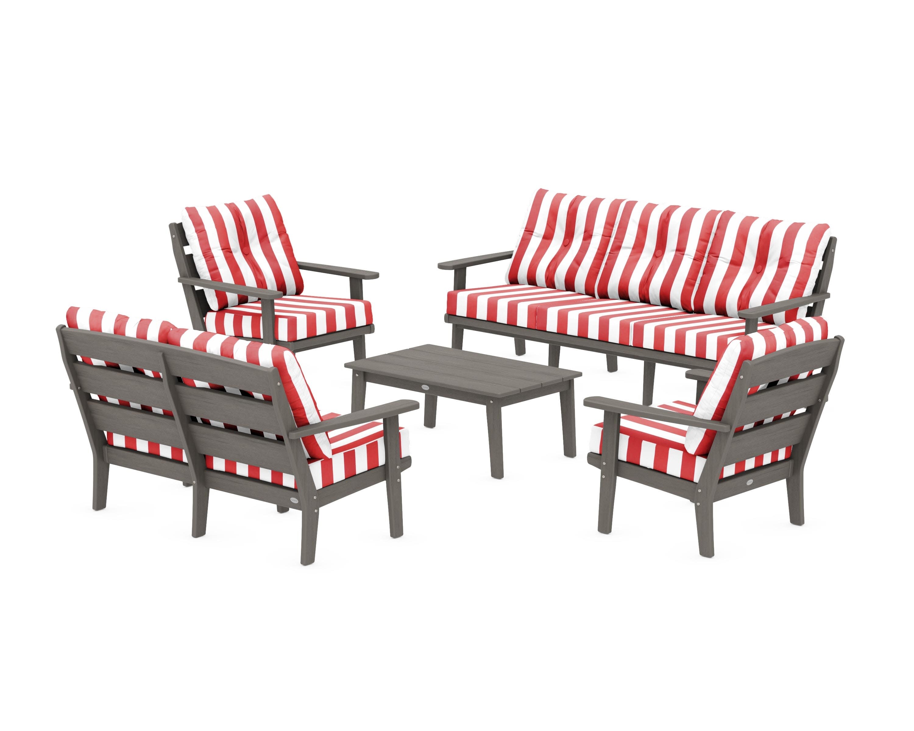 Lakeside 5-Piece Lounge Sofa Set in Driftwood / Cabana Stripe Crimson