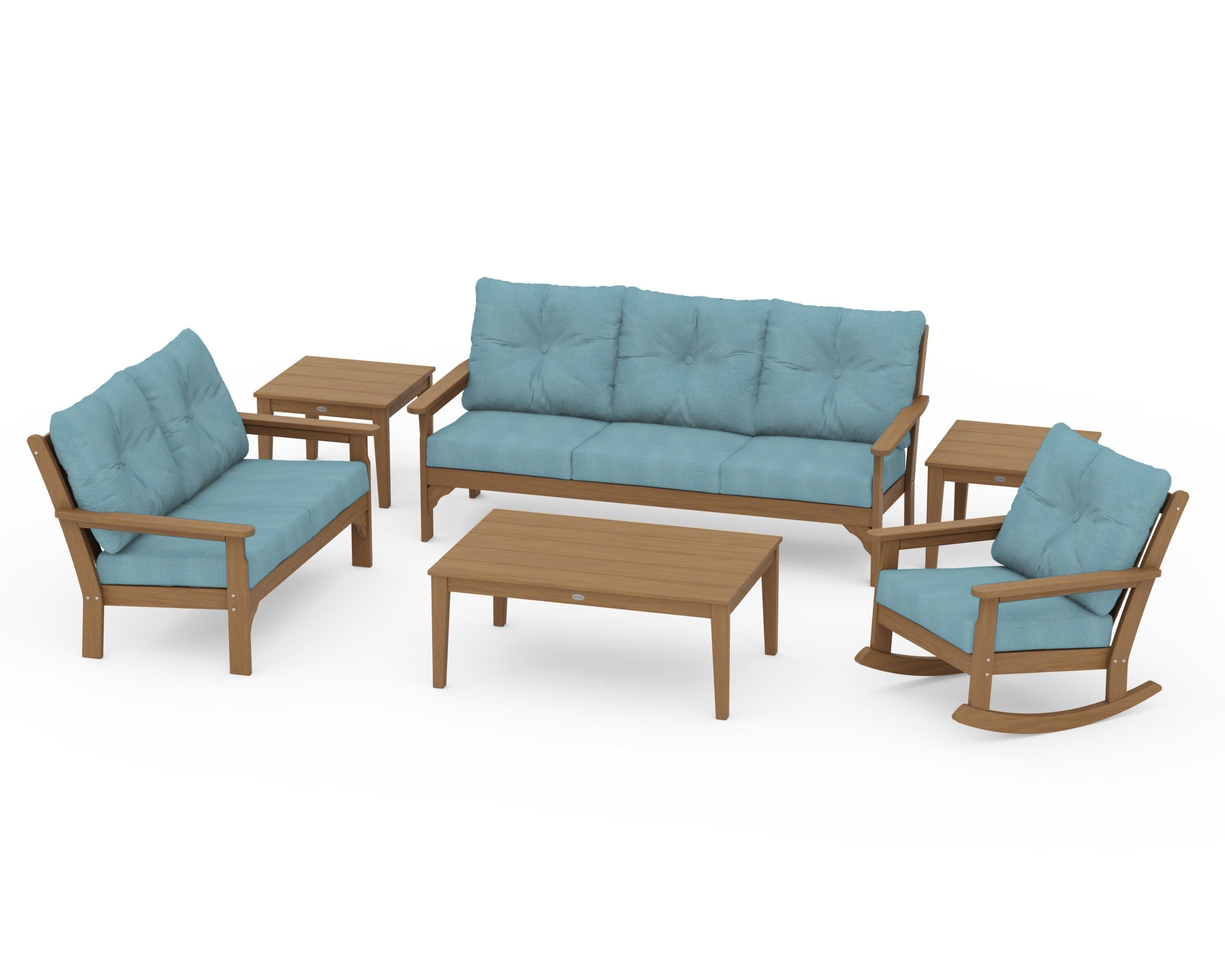 Vineyard 6-Piece Deep Seating Set in Natural / Lattice Sky Blue