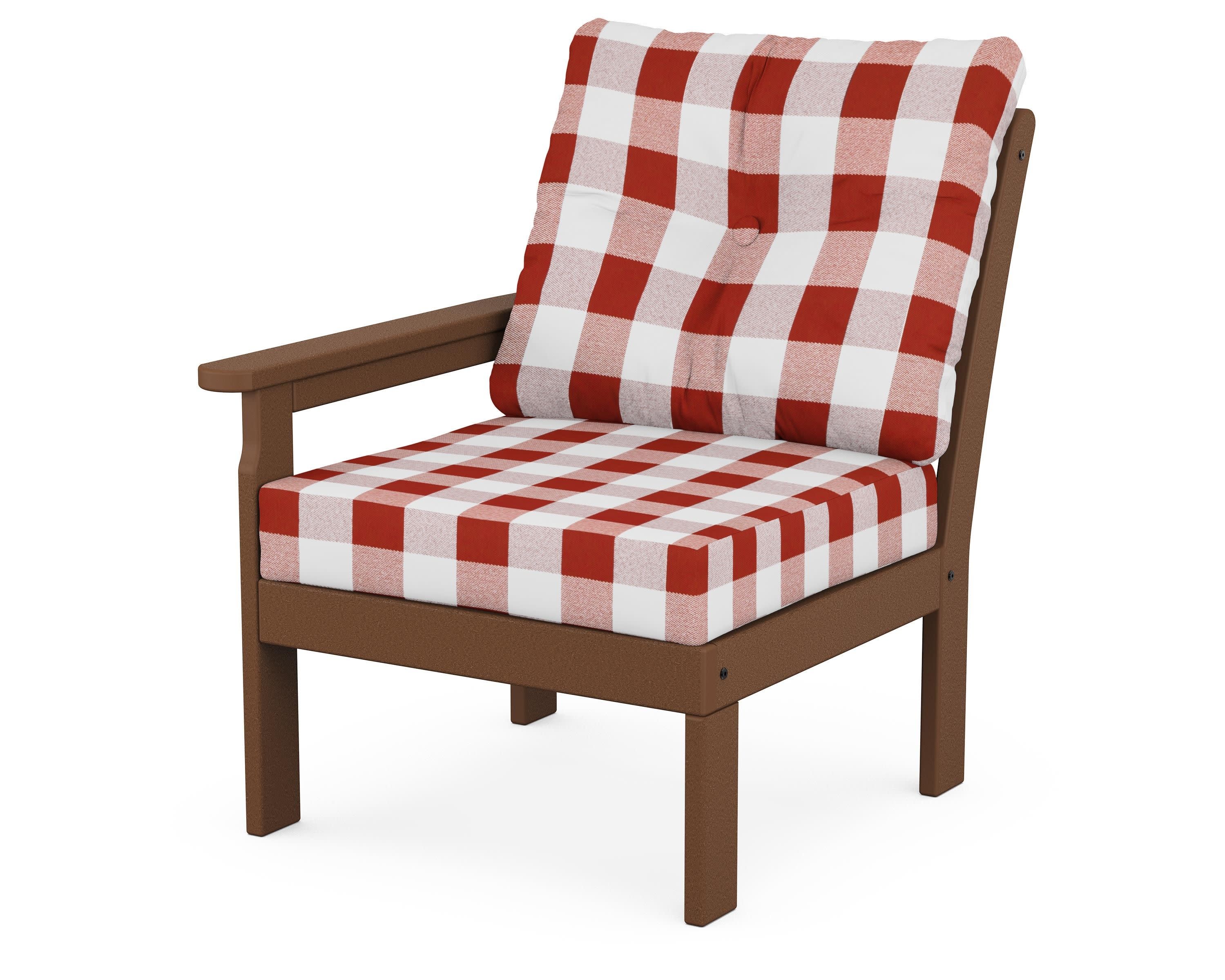 Vineyard Modular Left Arm Chair in Teak / Buffalo Plaid Crimson