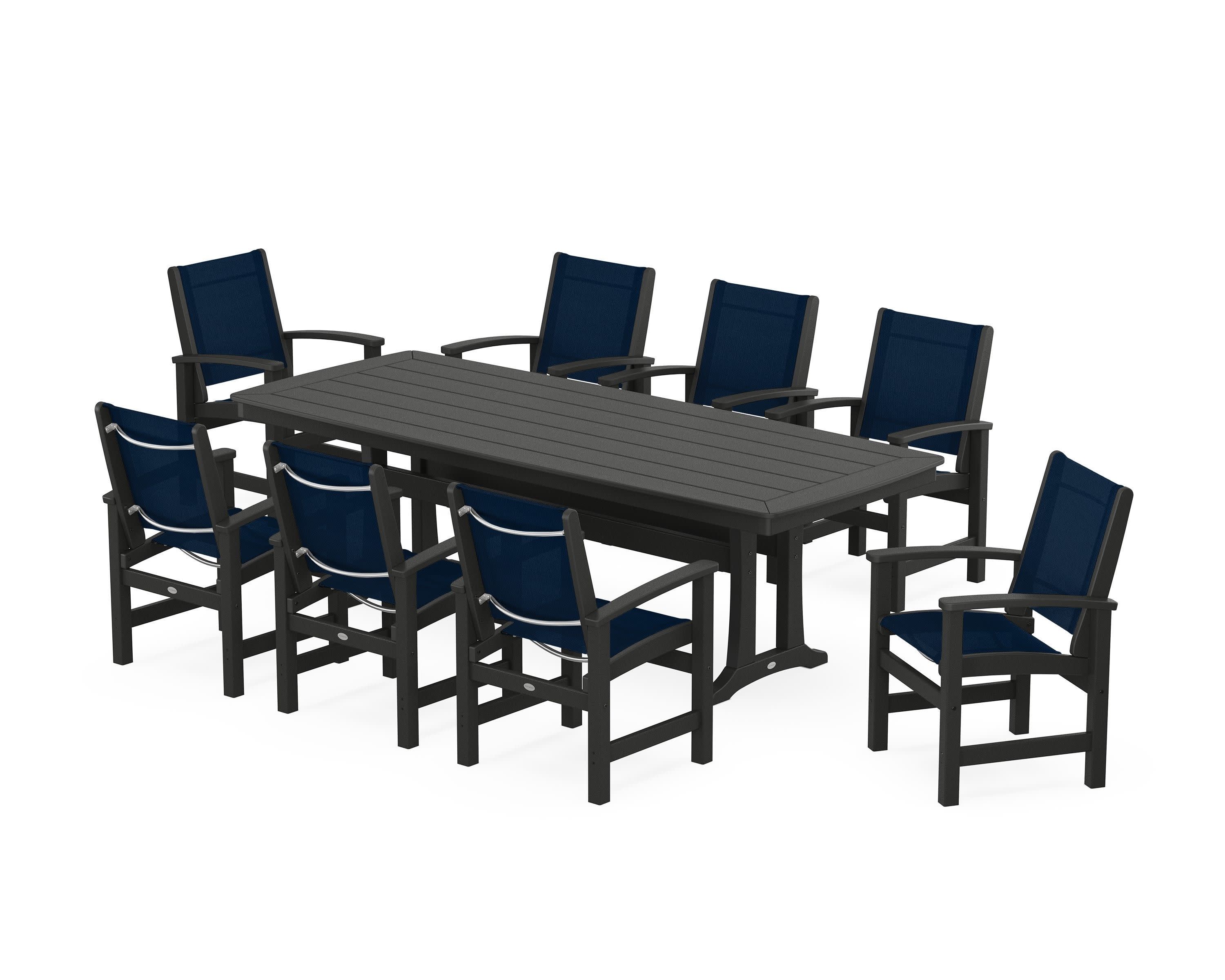 Coastal 9-Piece Dining Set with Trestle Legs in Black / Navy Blue Sling