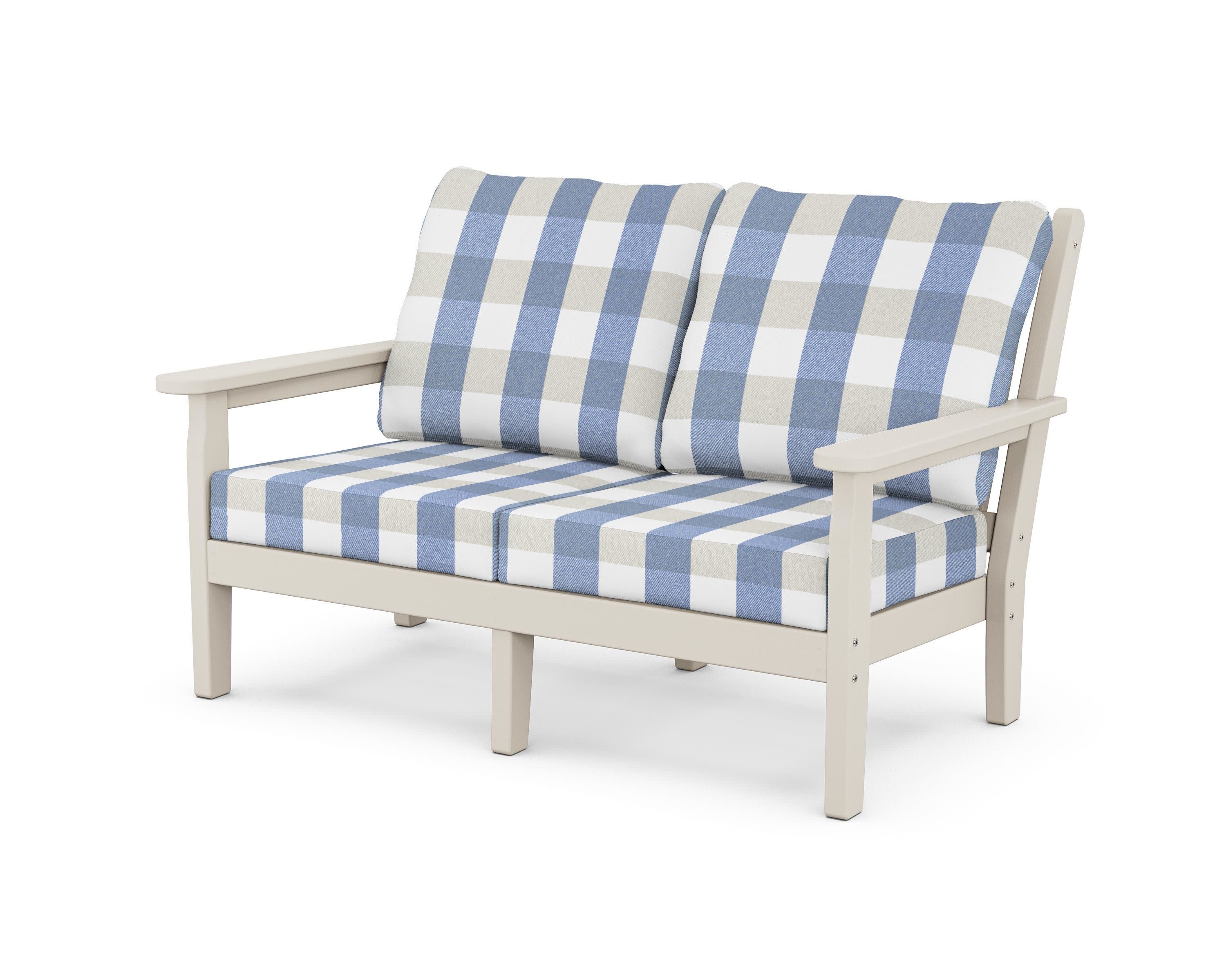 Chippendale Deep Seating Loveseat in Sand / Buffalo Plaid Sky Blue