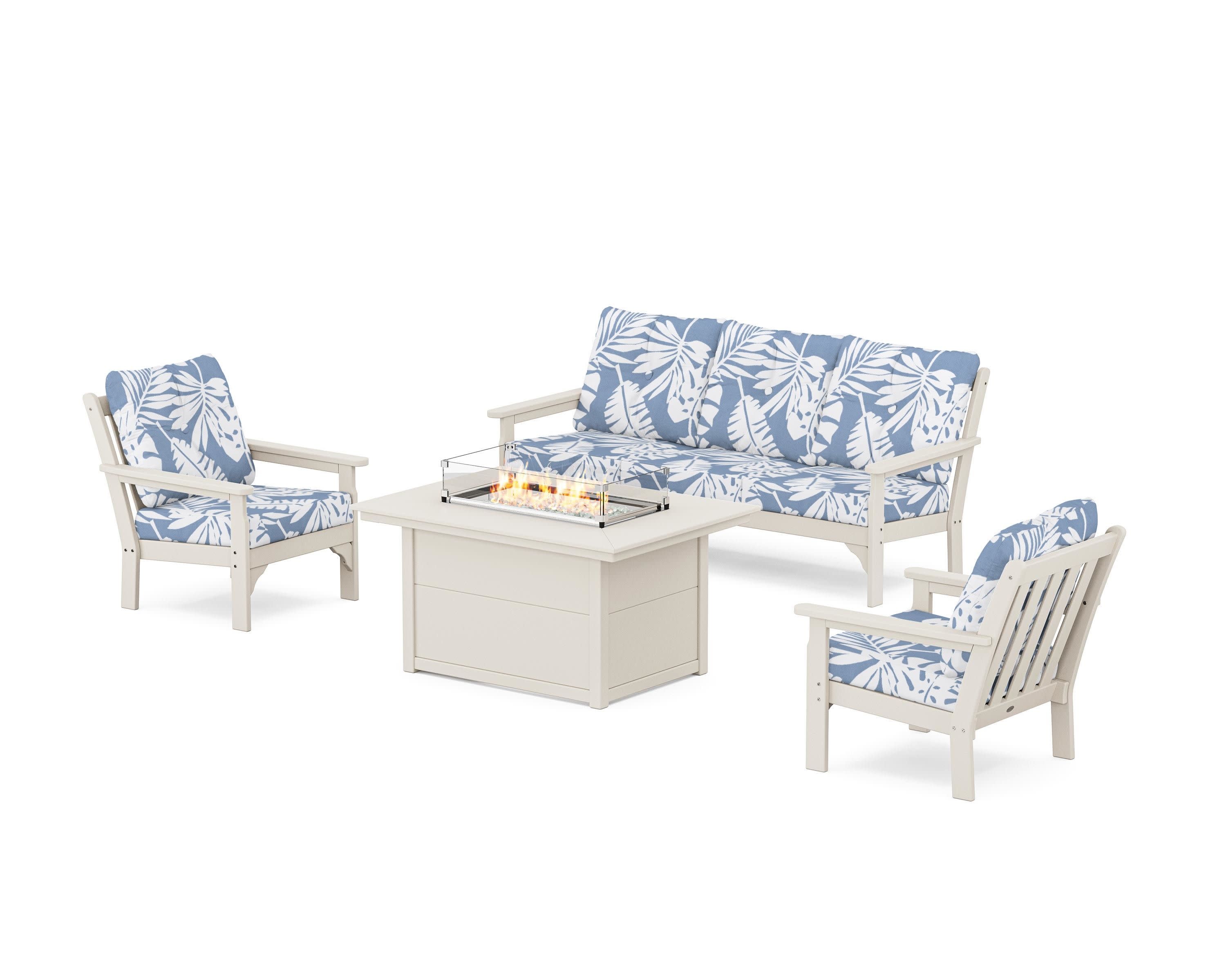 Vineyard Deep Seating Fire Pit Table Set in Sand / Leaf Sky Blue