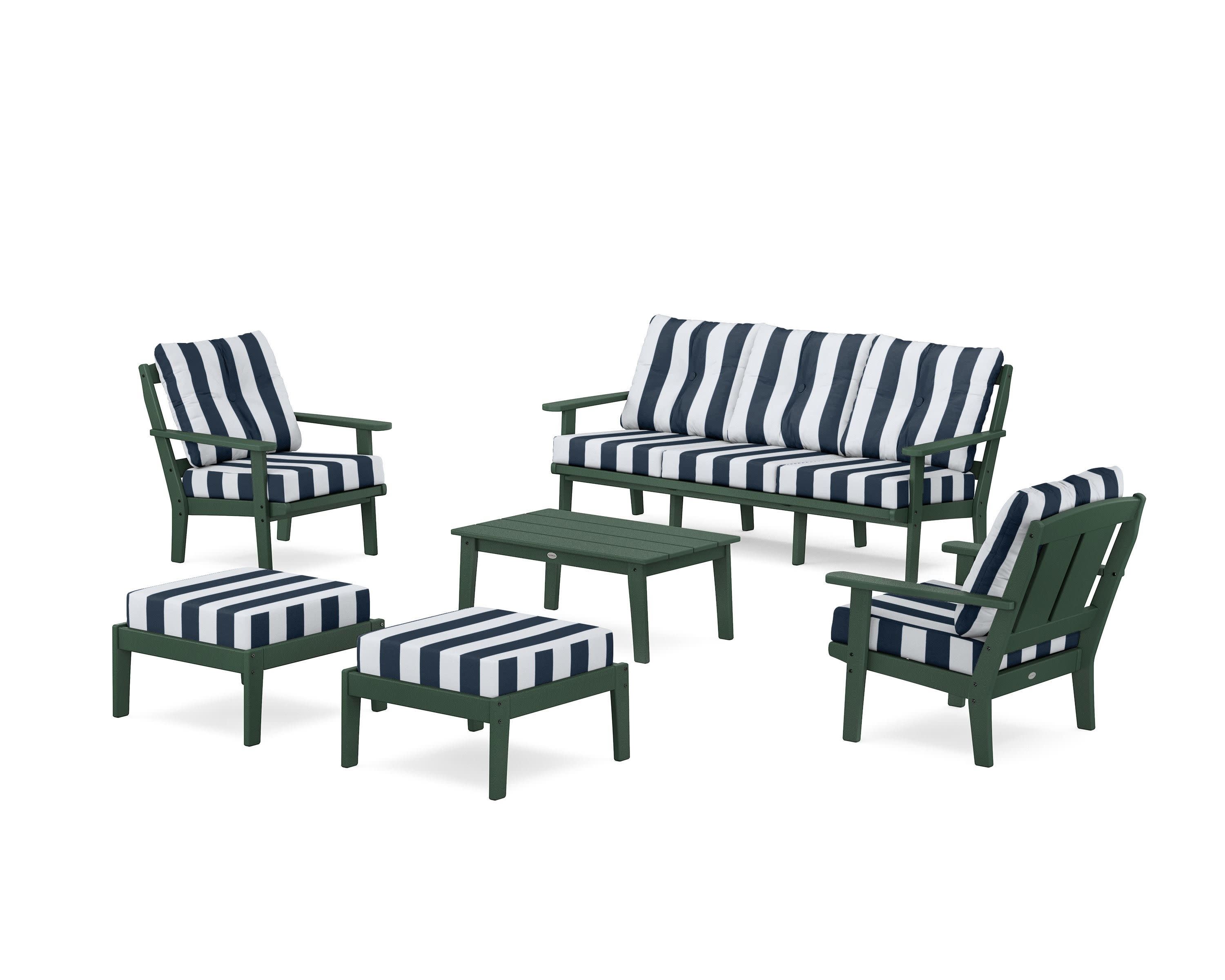 Mission 6-Piece Lounge Sofa Set in Green / Cabana Stripe Marine Indigo