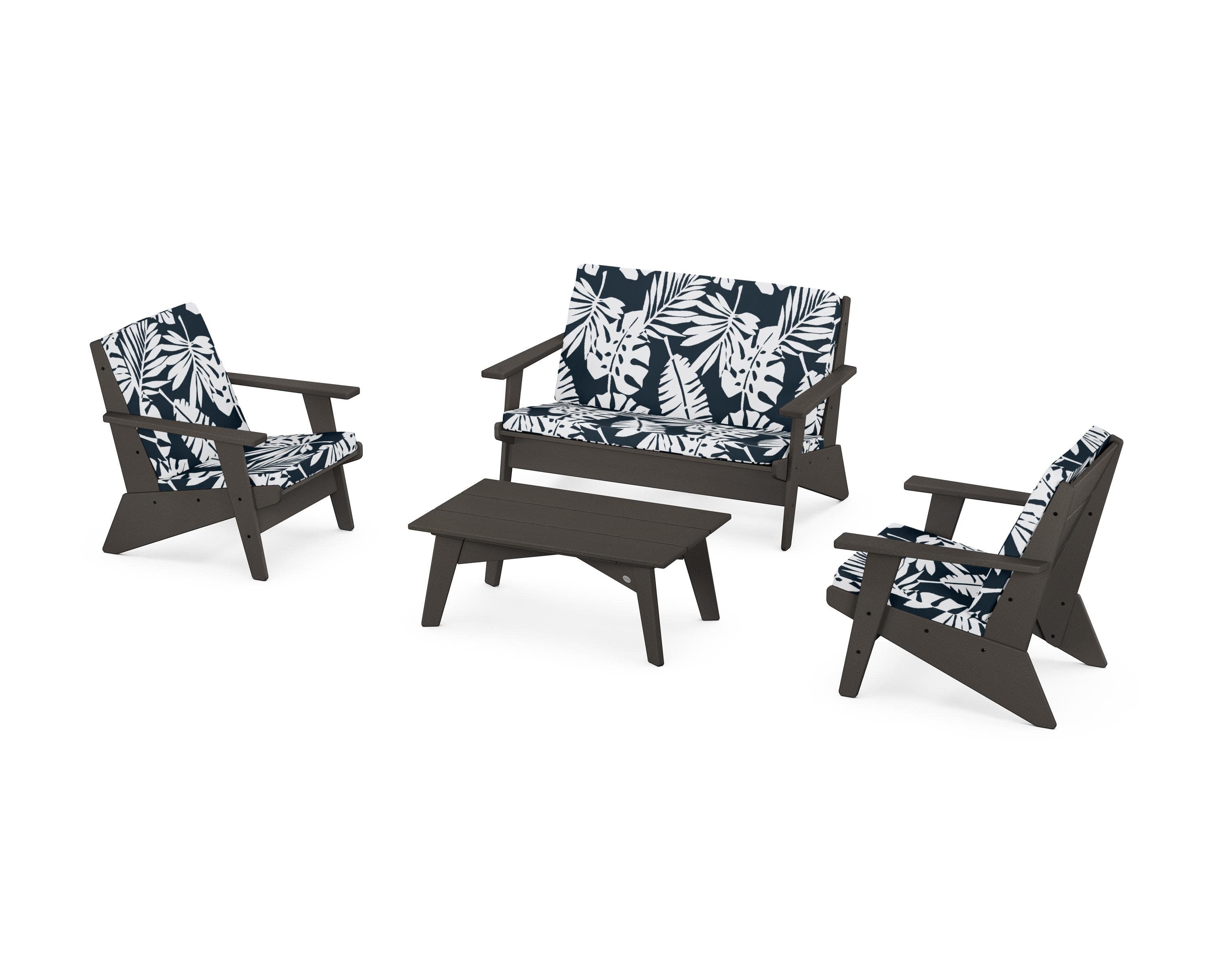 Riviera Modern Lounge 4-Piece Set in Vintage Coffee / Leaf Marine Indigo
