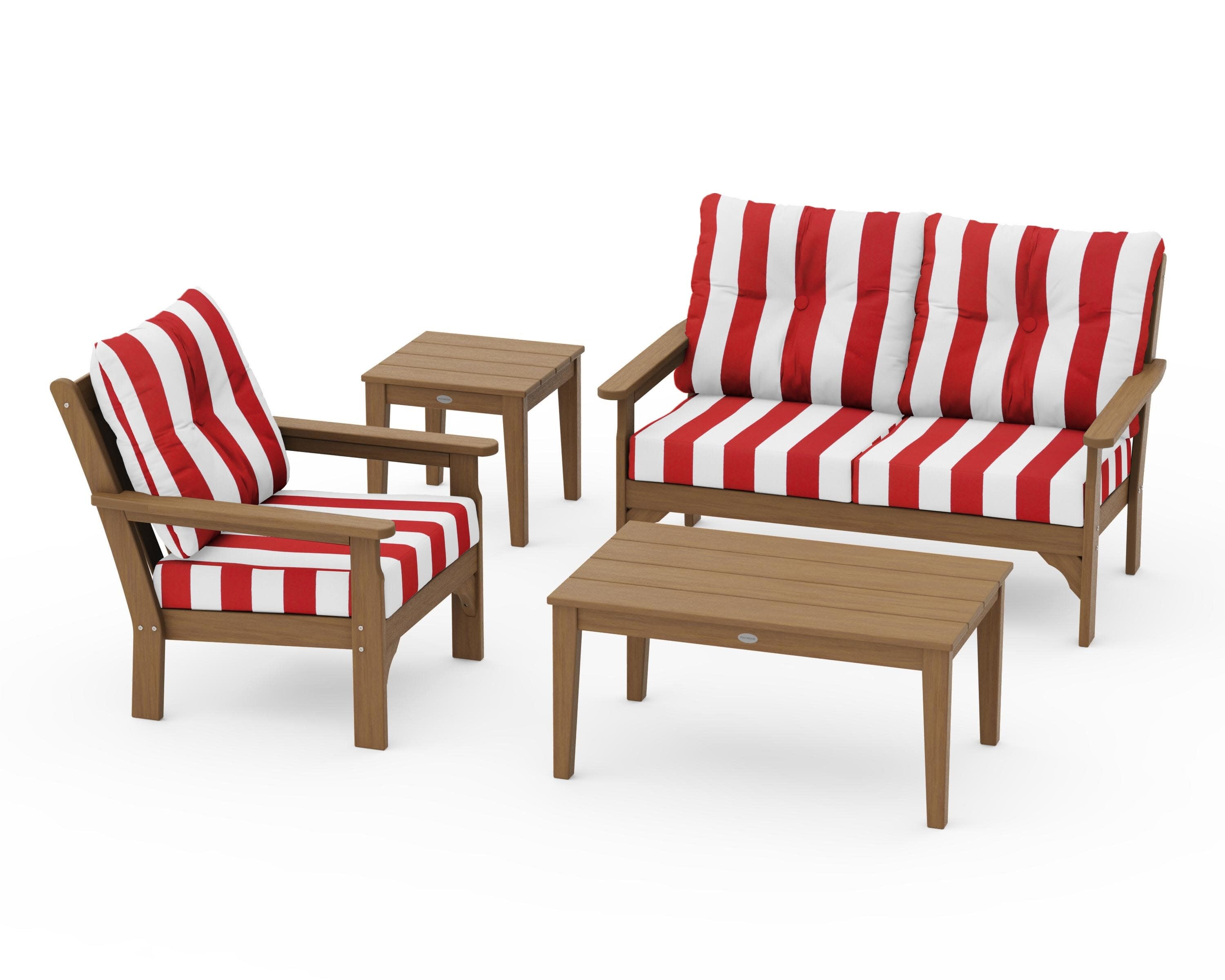 Vineyard 4-Piece Deep Seating Set in Natural / Cabana Stripe Crimson