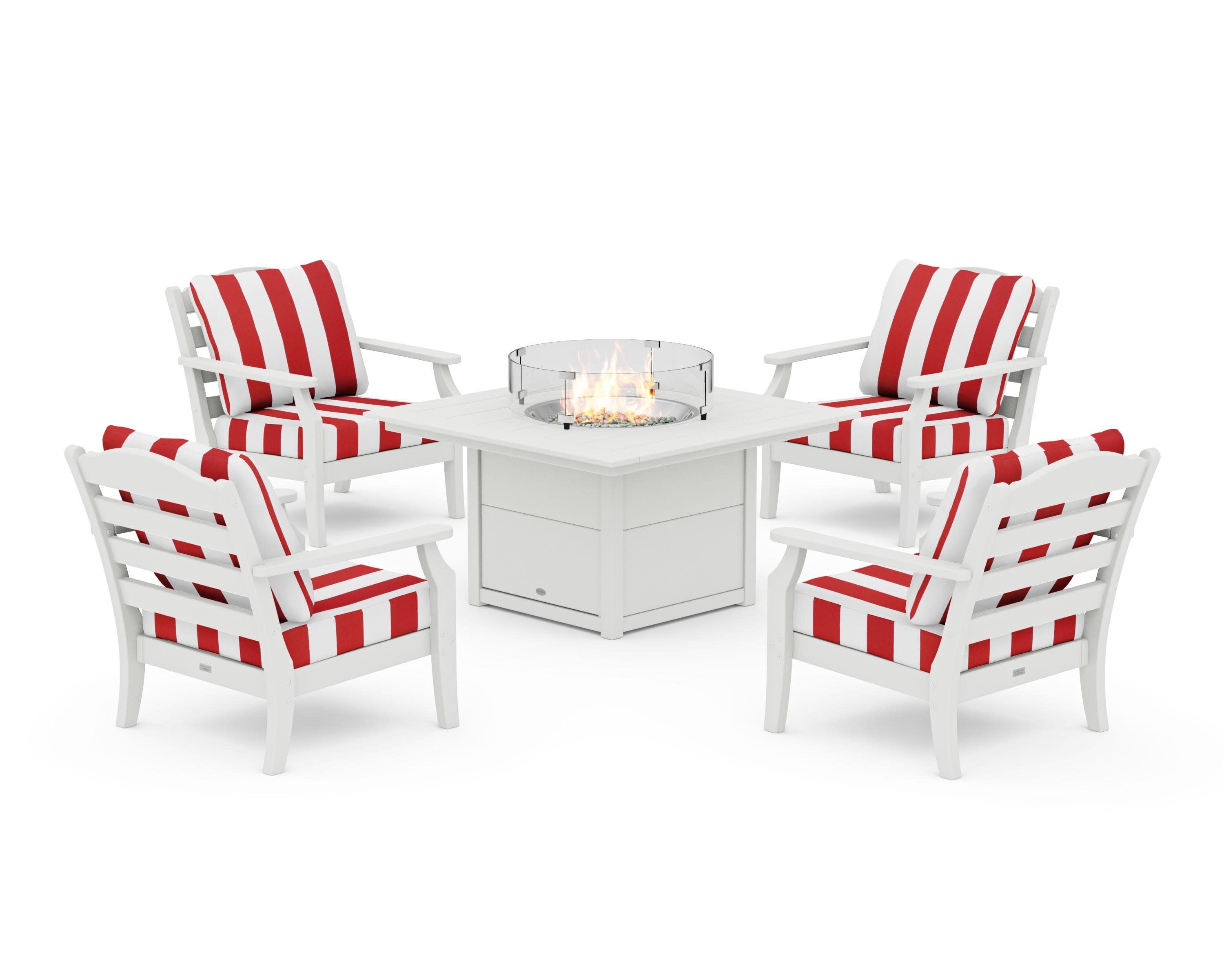 Savannah 5-Piece Deep Seating Set with Fire Pit Table in Vintage White / Cabana Stripe Crimson