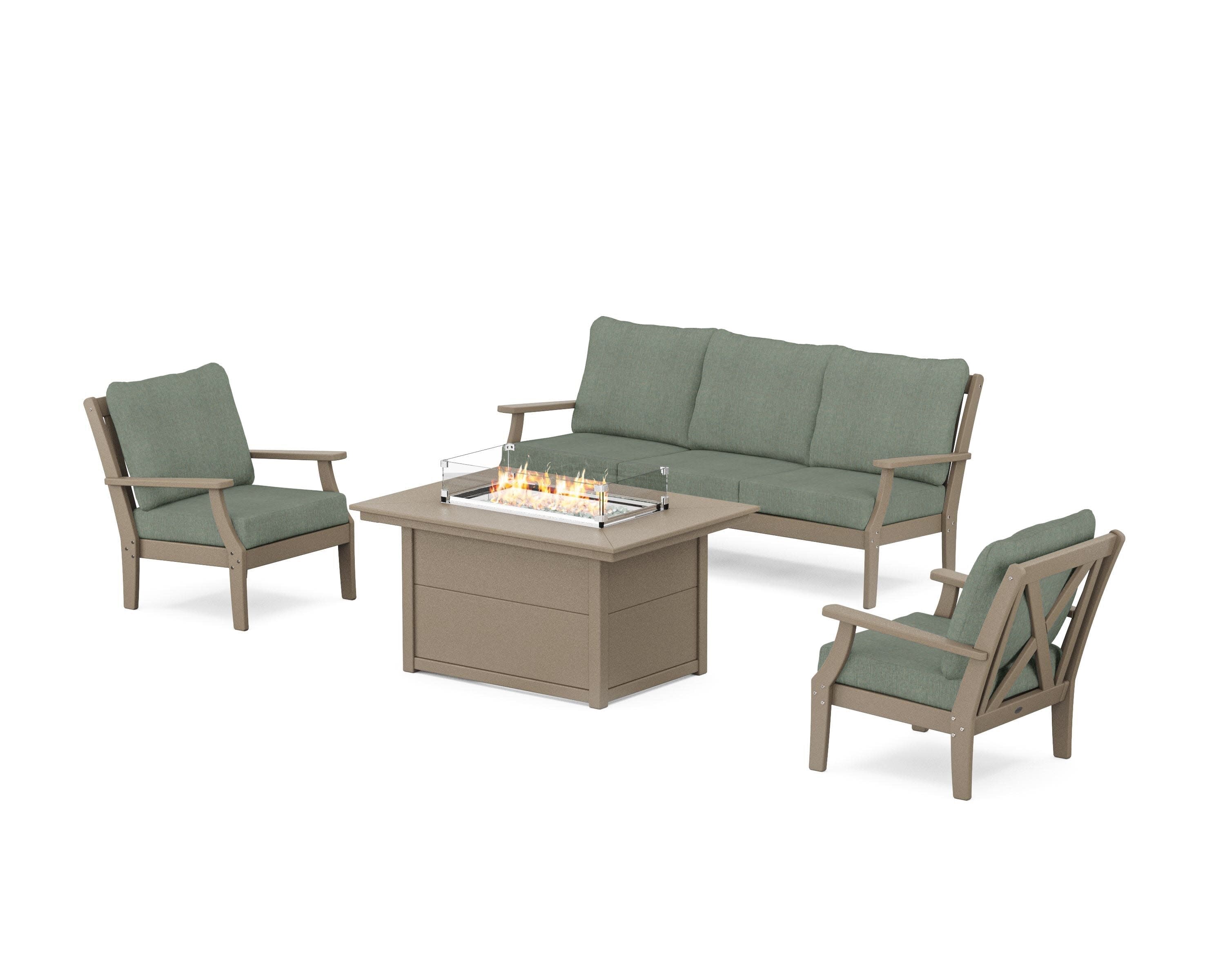 Braxton Deep Seating Fire Pit Table Set in Vintage Sahara / Cast Sage