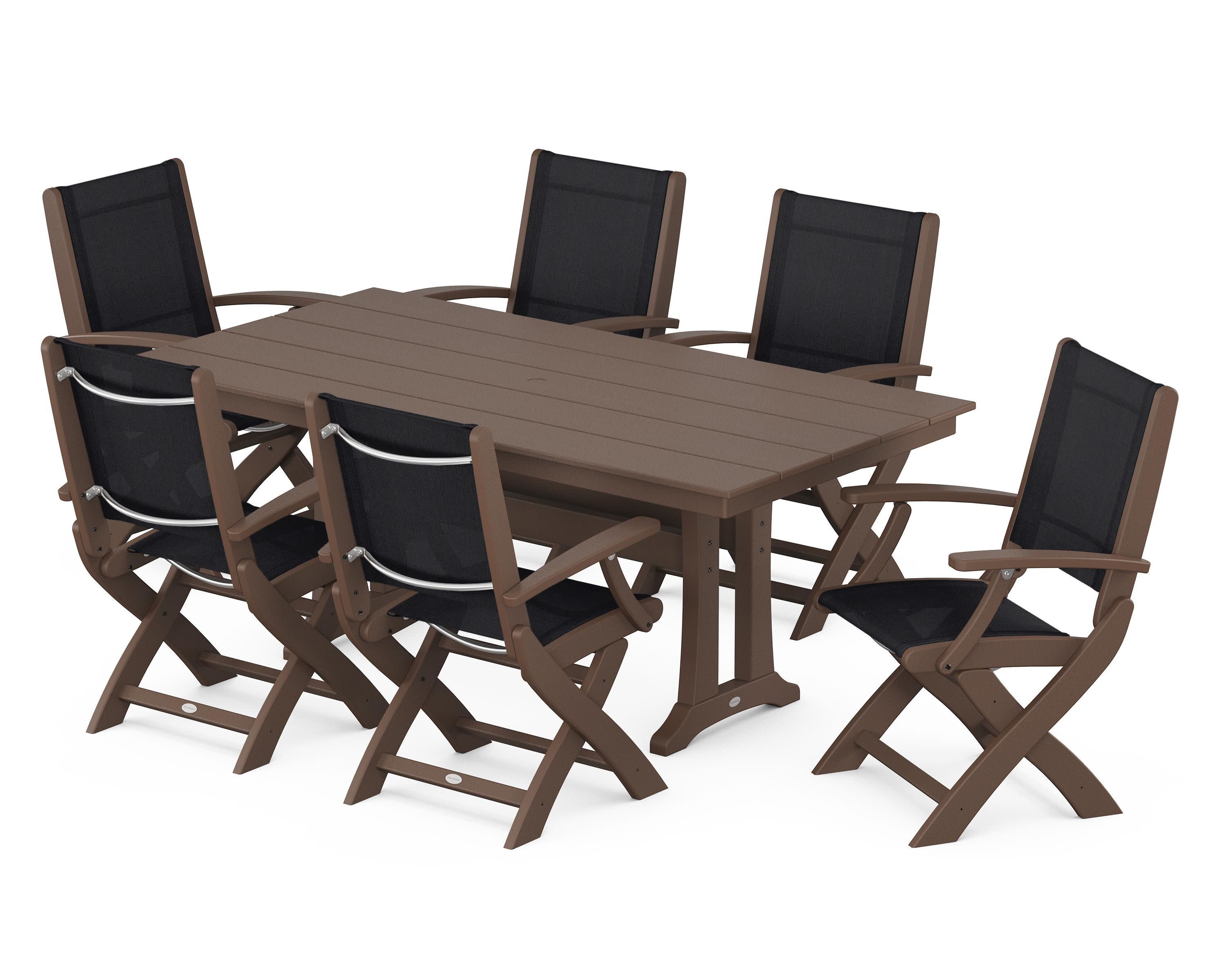 Coastal Folding Arm Chair 7-Piece Farmhouse Dining Set with Trestle Legs in Mahogany / Black Sling