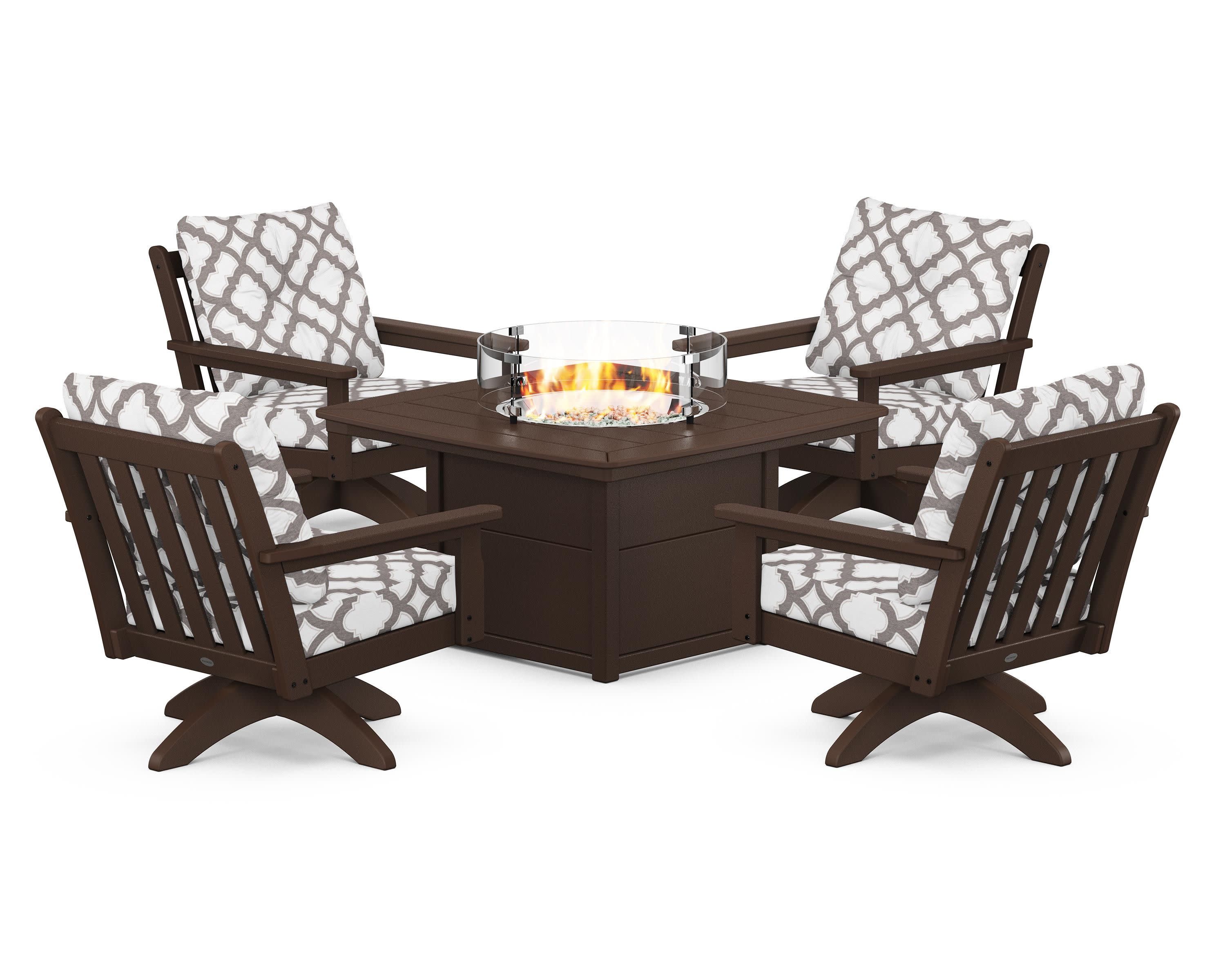 Vineyard 5-Piece Deep Seating Swivel Conversation Set with Fire Pit Table in Mahogany / Trellis Grey Mist