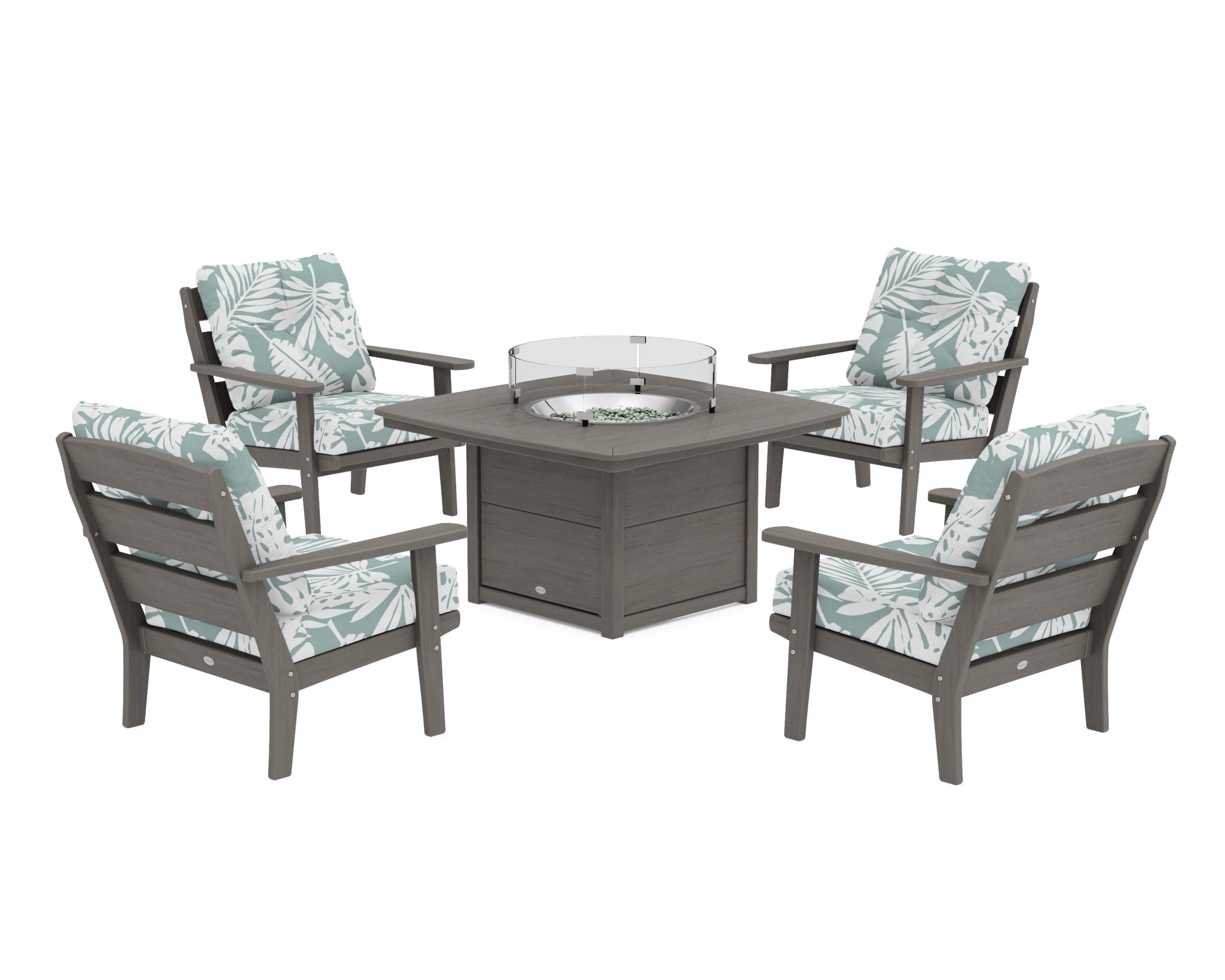 Lakeside 5-Piece Deep Seating Set with Nautical Fire Pit Table in Driftwood / Leaf Glacier Spa