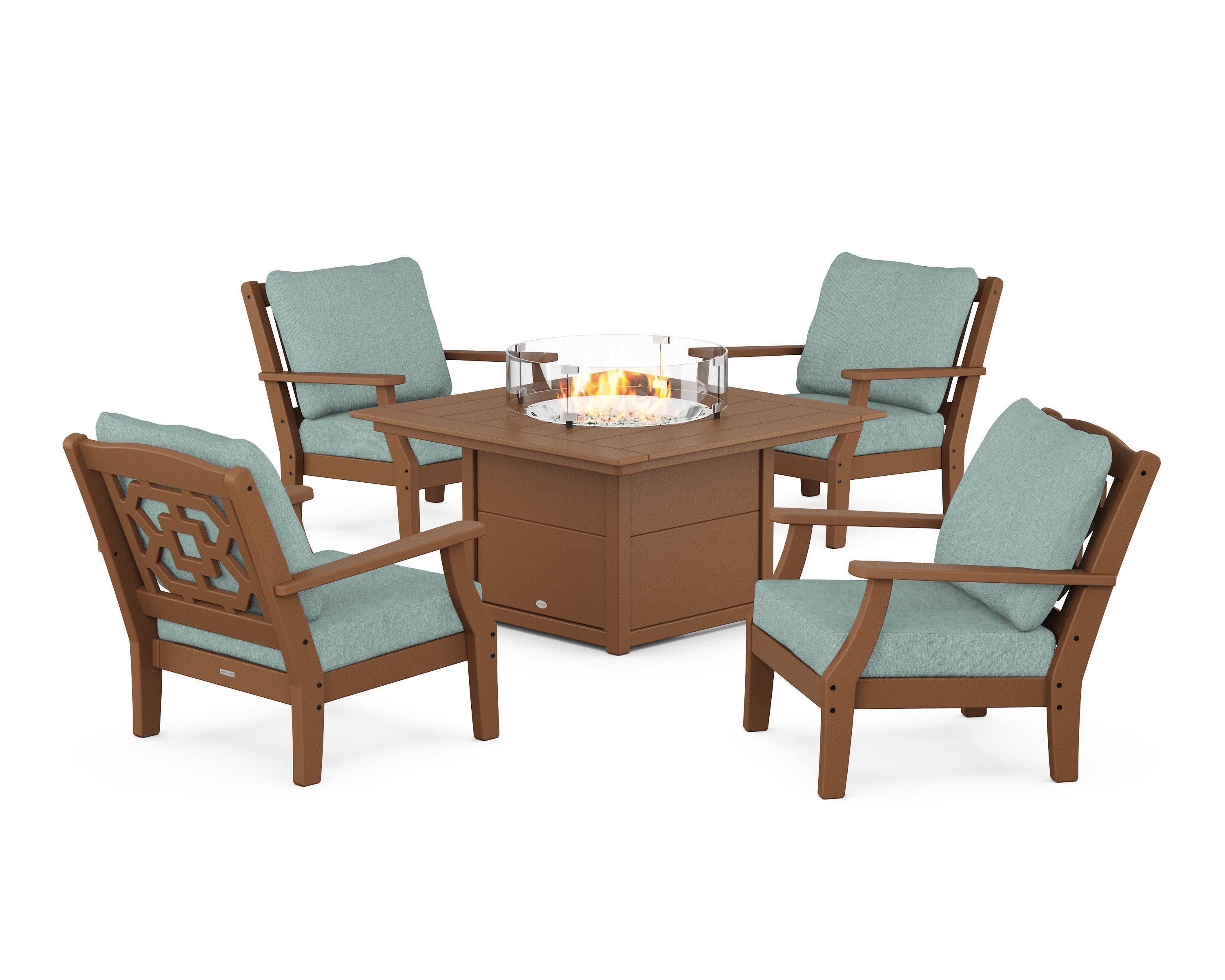 Chinoiserie 5-Piece Deep Seating Set with Fire Pit Table in Teak / Glacier Spa