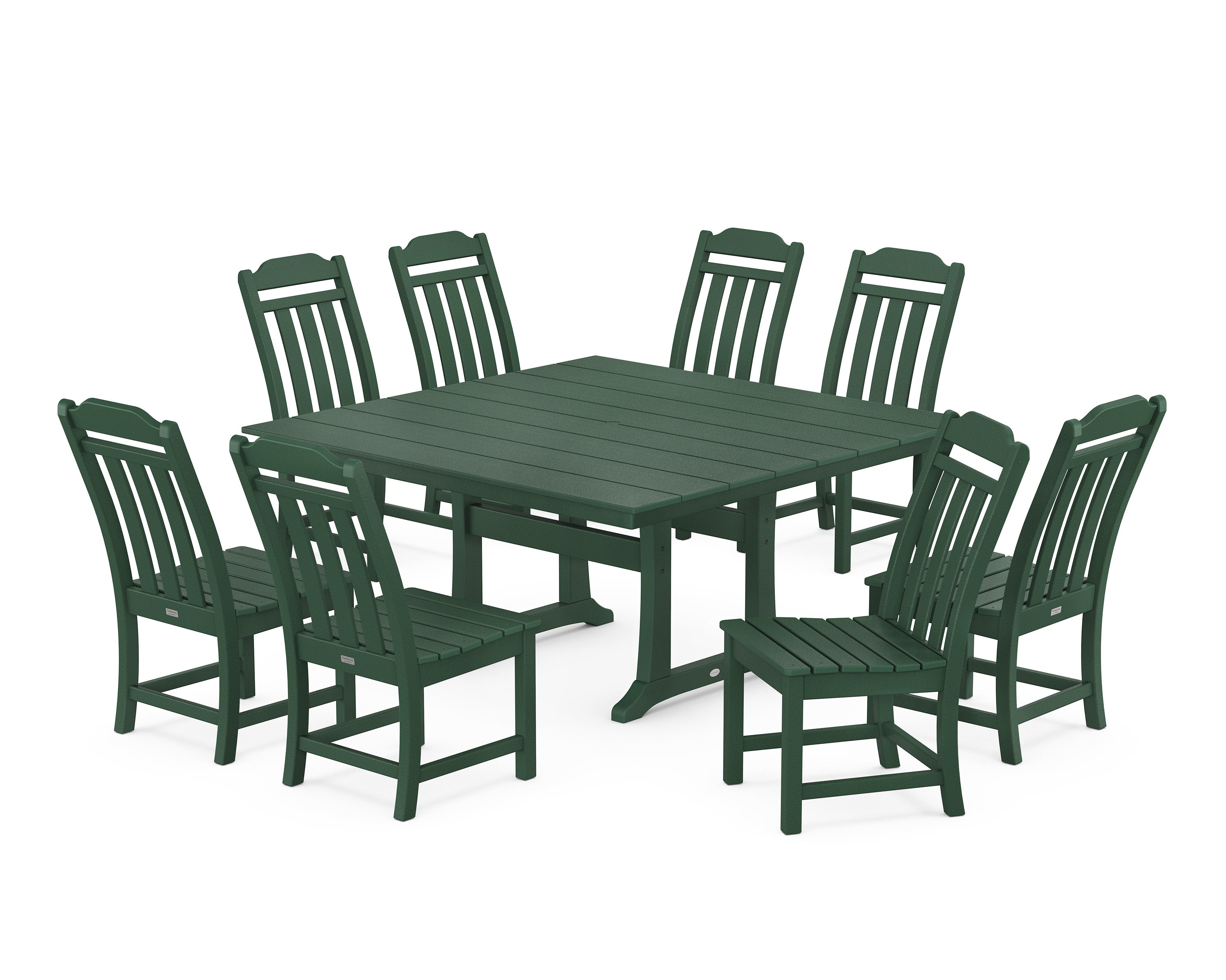 Cottage 9-Piece Square Farmhouse Side Chair Dining Set with Trestle Legs in Green