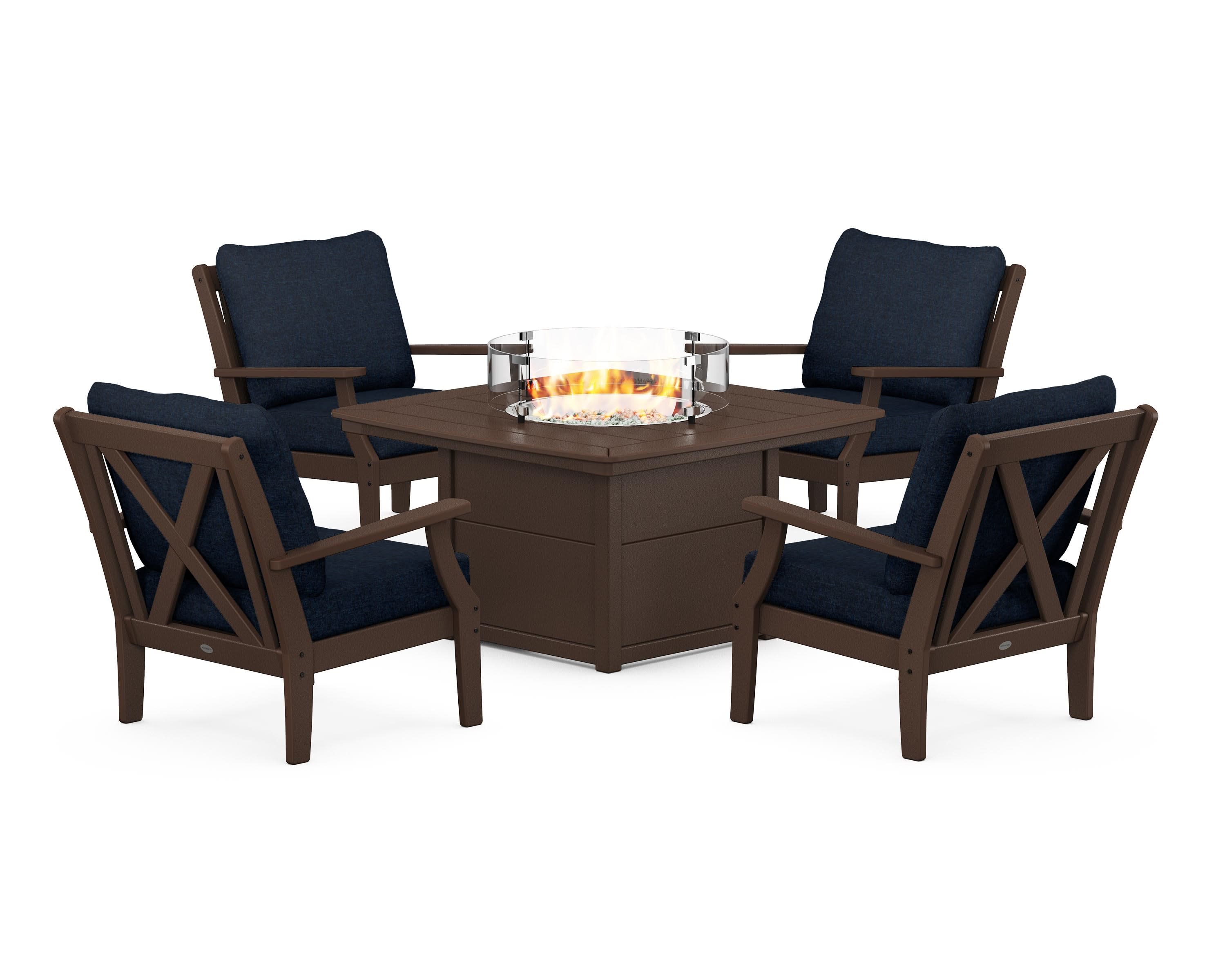 Braxton 5-Piece Deep Seating Conversation Set with Fire Pit Table in Mahogany / Marine Indigo