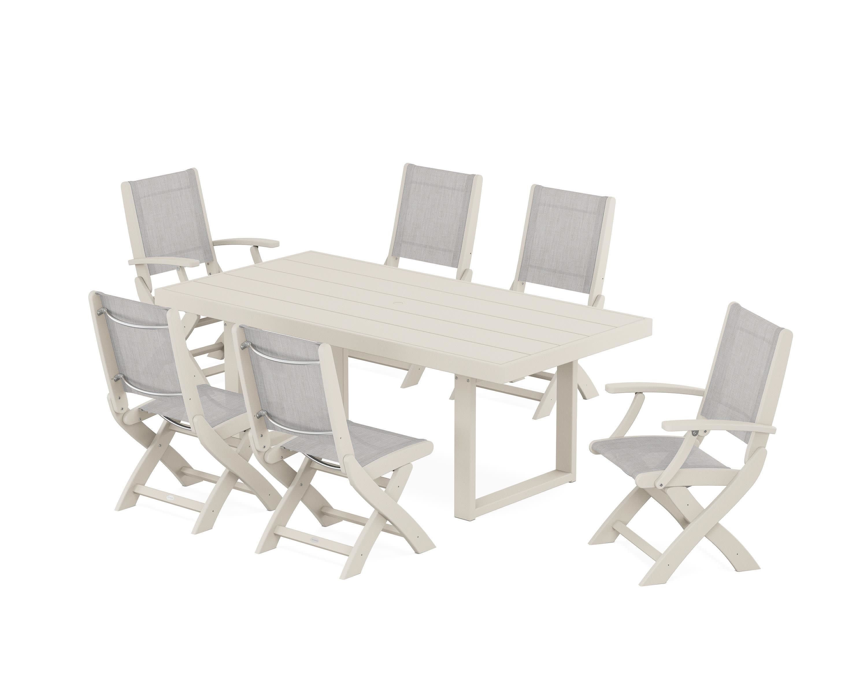 Coastal Folding Chair 7-Piece Dining Set with Trestle Legs in Sand / Parchment Sling