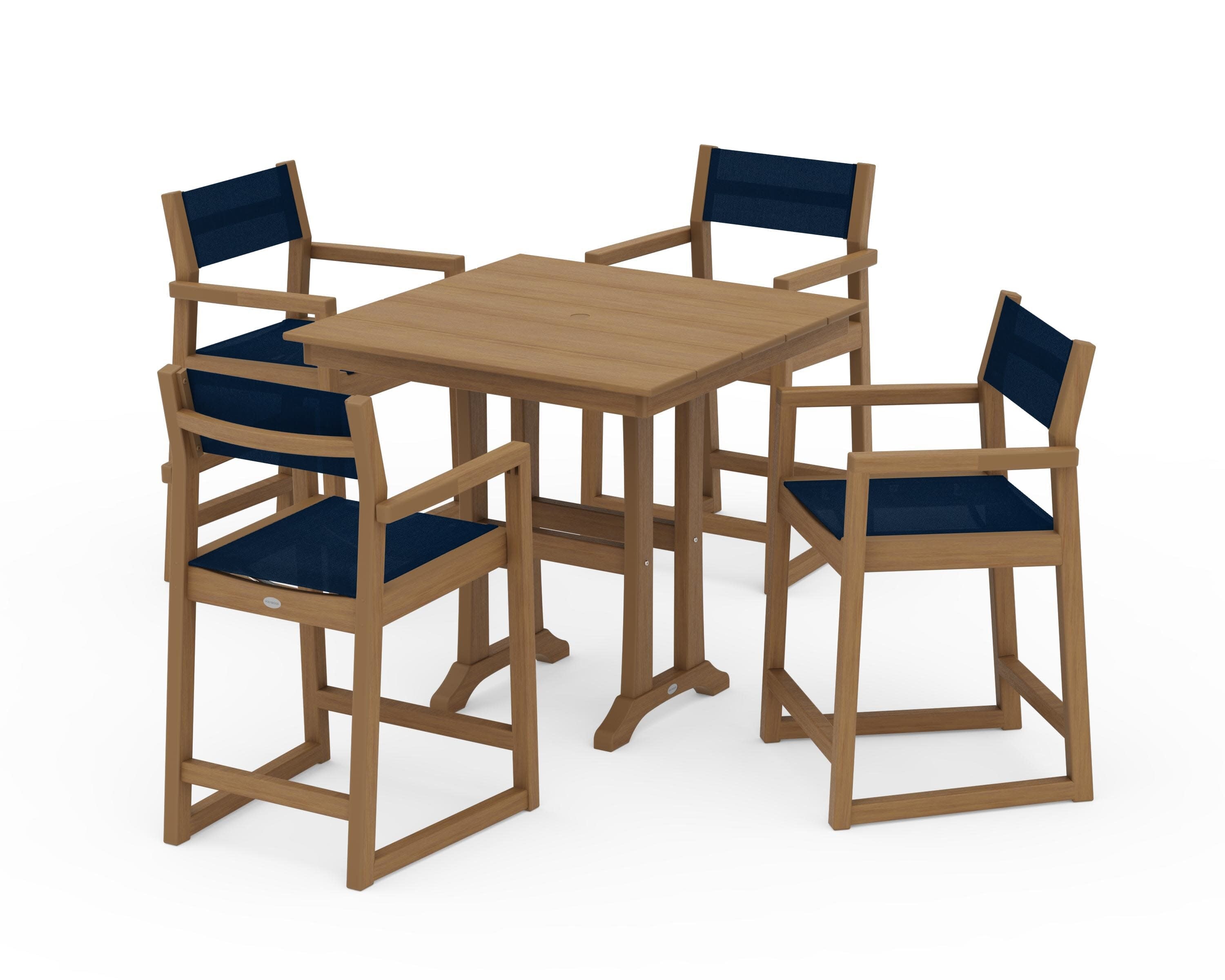 EDGE Sling Arm Chair 5-Piece Farmhouse Counter Set with Trestle Legs in Natural / Navy Blue Sling