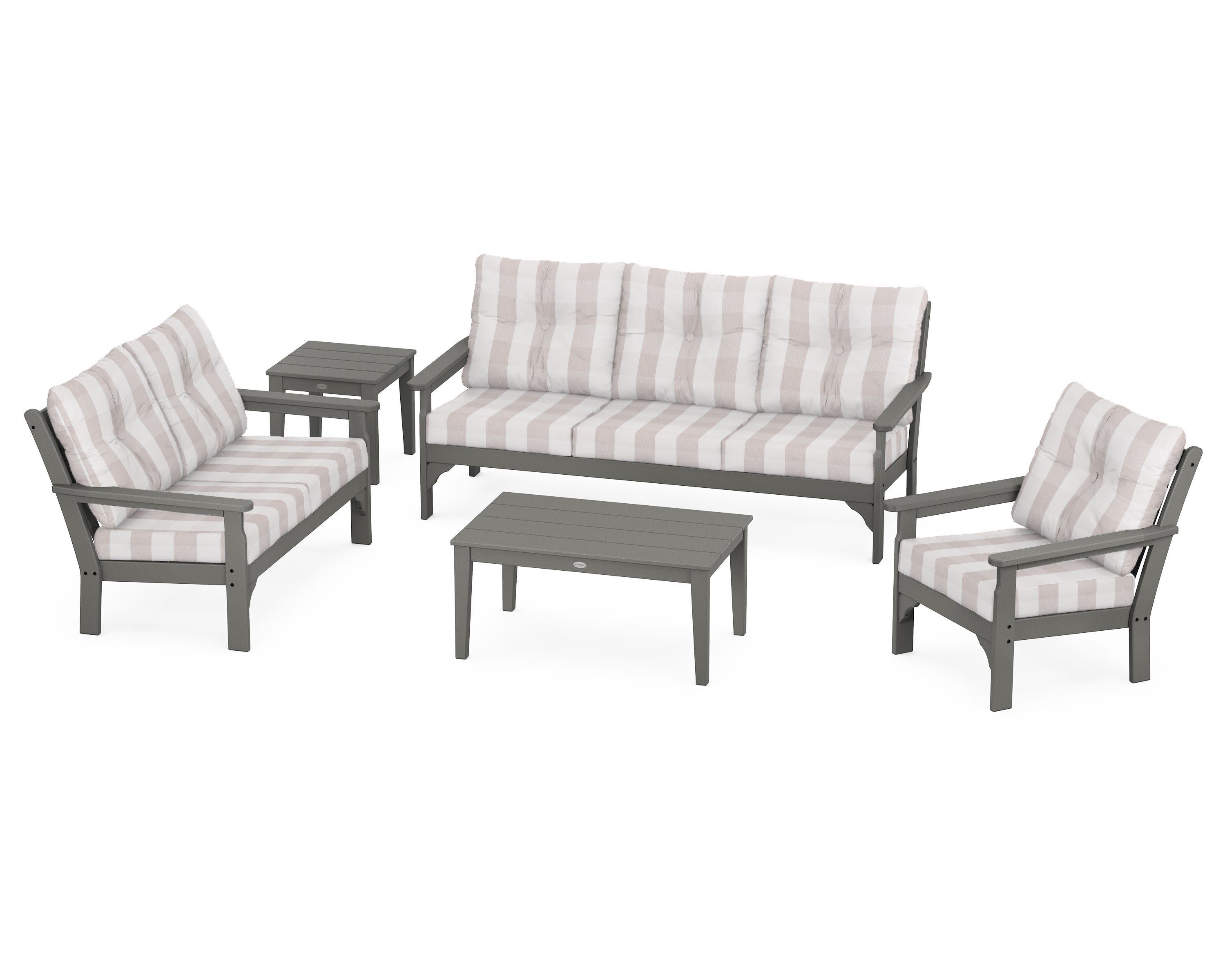 Vineyard 5 Piece Deep Seating Set in Slate Grey / Buffalo Plaid Dune Burlap