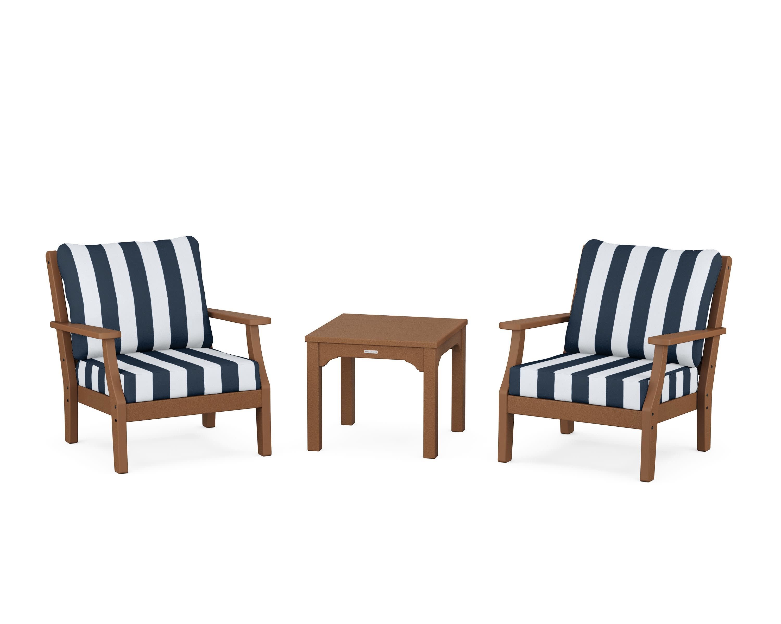 Chinoiserie 3-Piece Deep Seating Set in Teak / Cabana Stripe Marine Indigo