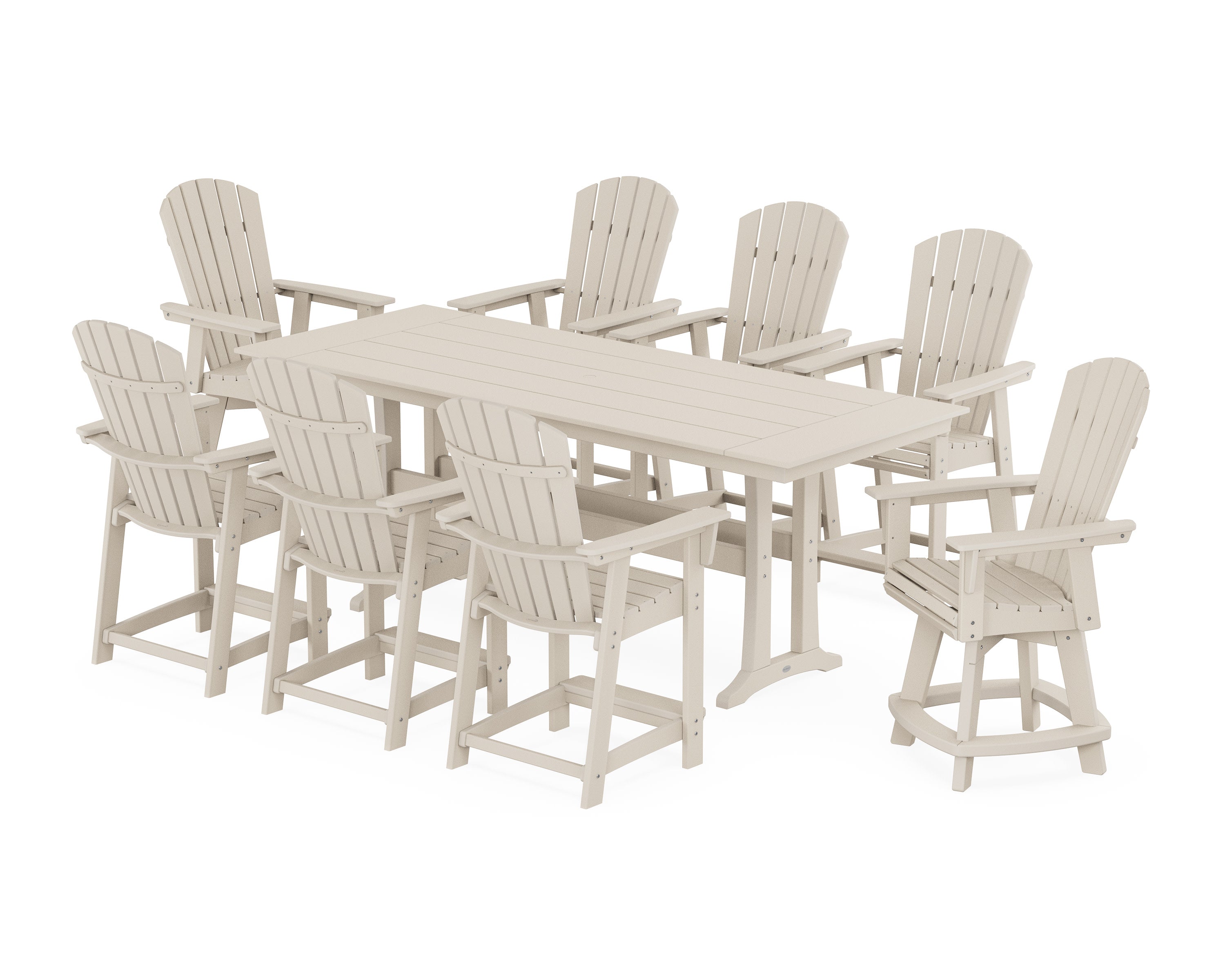 Nautical Curveback Adirondack Swivel Chair 9-Piece Farmhouse Counter Set with Trestle Legs in Sand