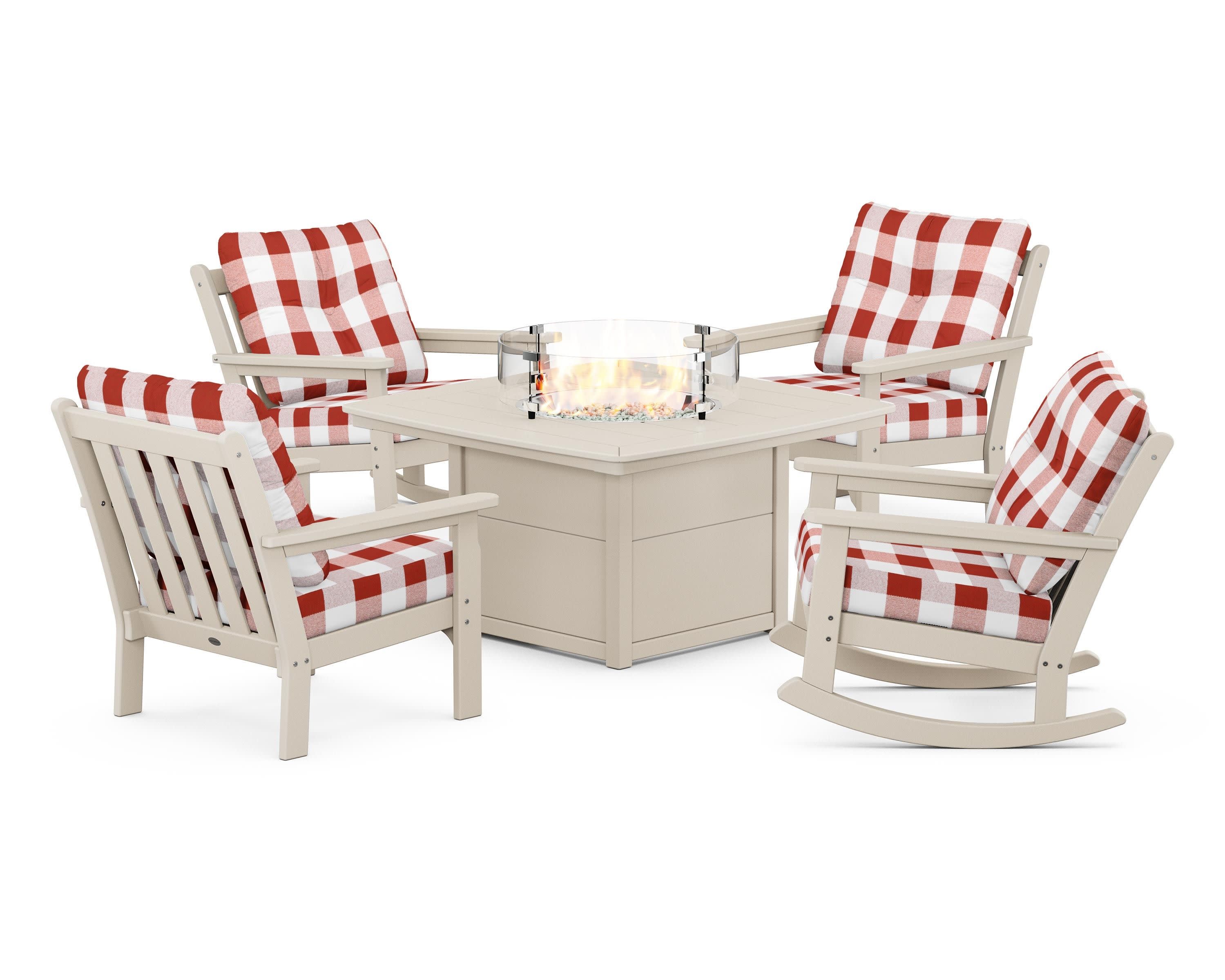 Vineyard 5-Piece Deep Seating Rocking Chair Conversation Set with Fire Pit Table in Sand / Buffalo Plaid Crimson