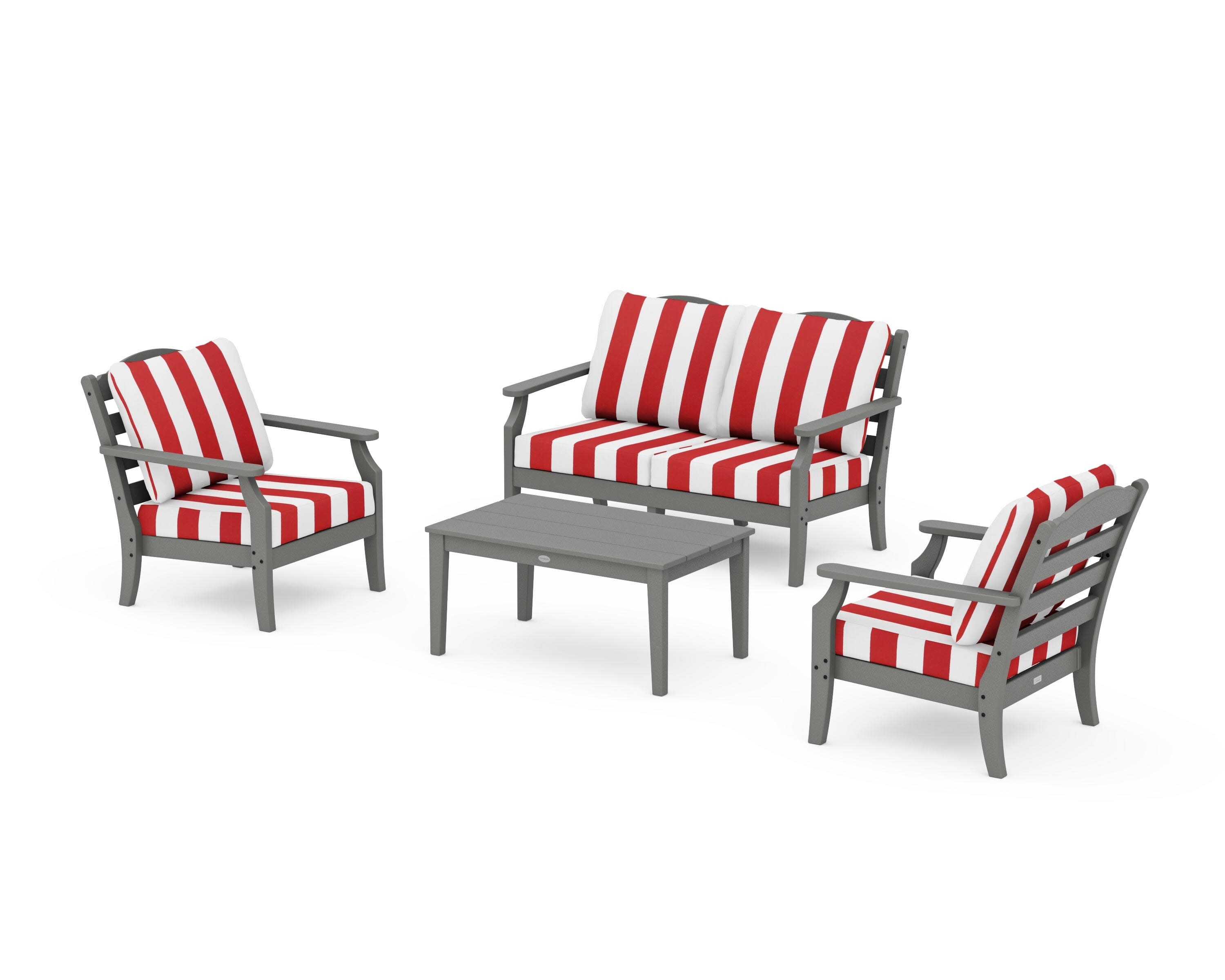 Savannah 4-Piece Deep Seating Set with Loveseat in Slate Grey / Cabana Stripe Crimson