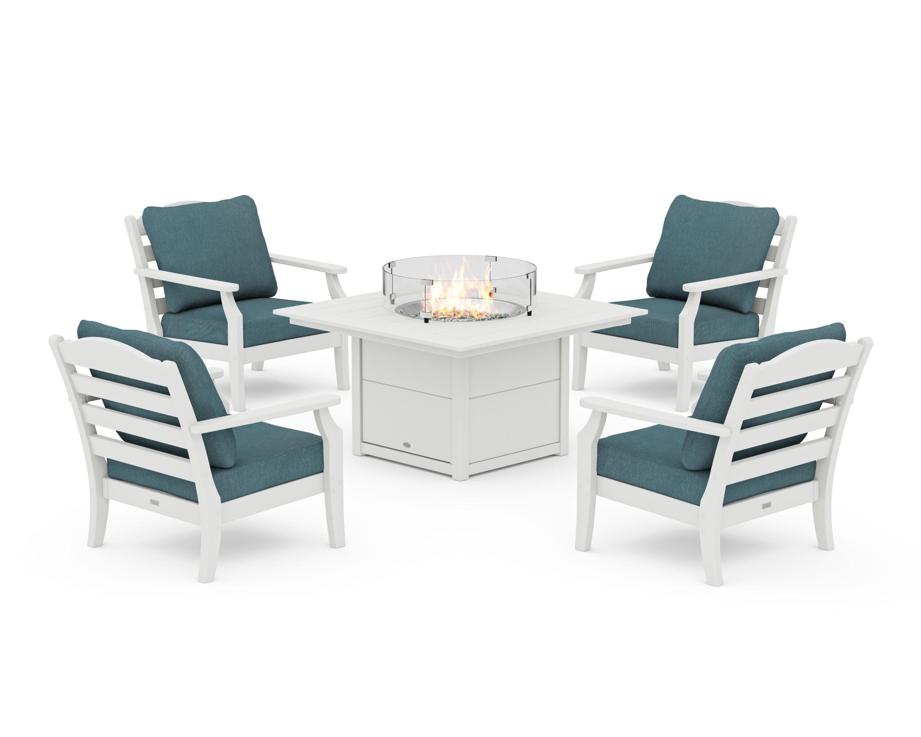 Savannah 5-Piece Deep Seating Set with Fire Pit Table in Vintage White / Ocean Teal