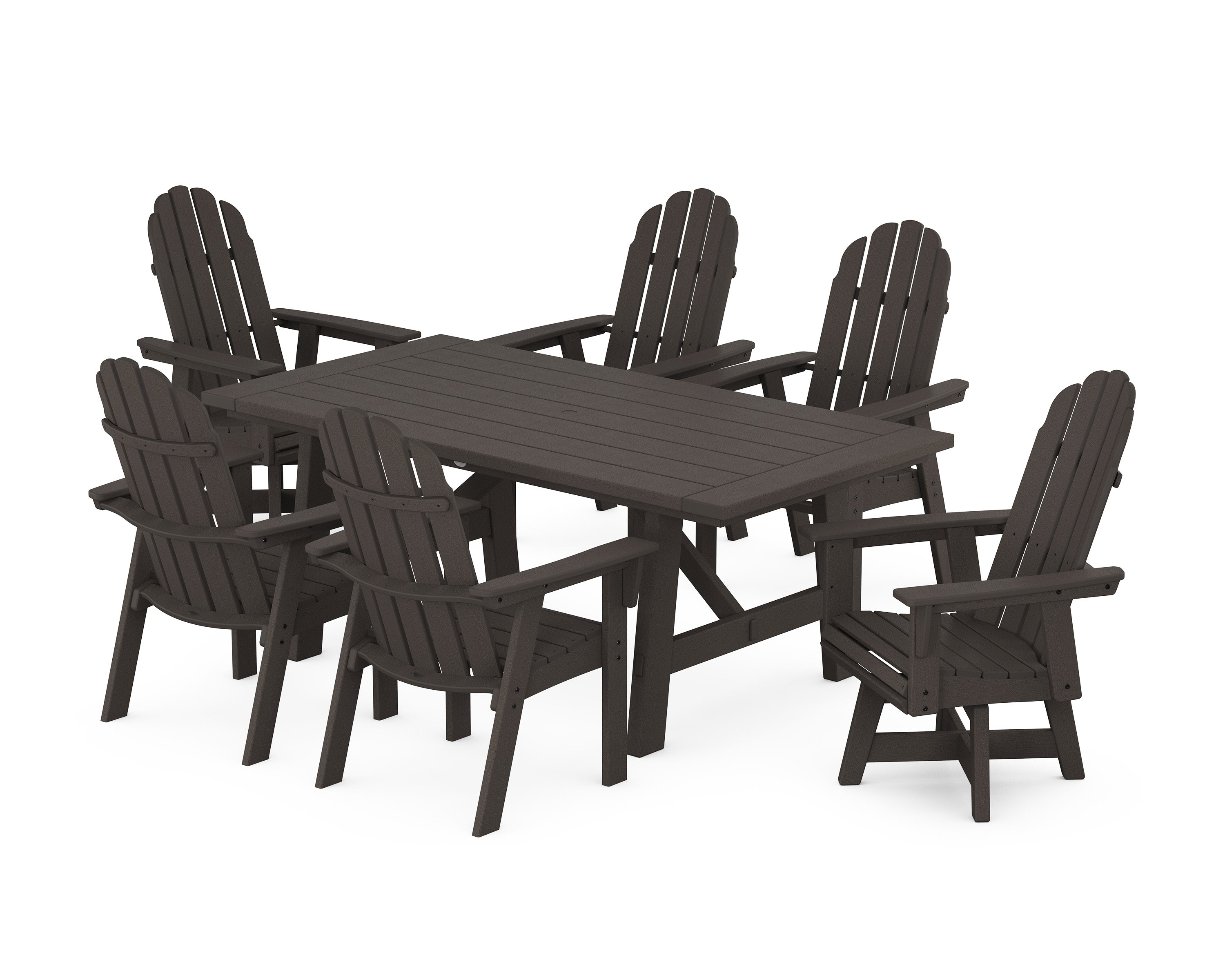 Vineyard Curveback Adirondack Swivel Chair 7-Piece Rustic Farmhouse Dining Set in Vintage Coffee