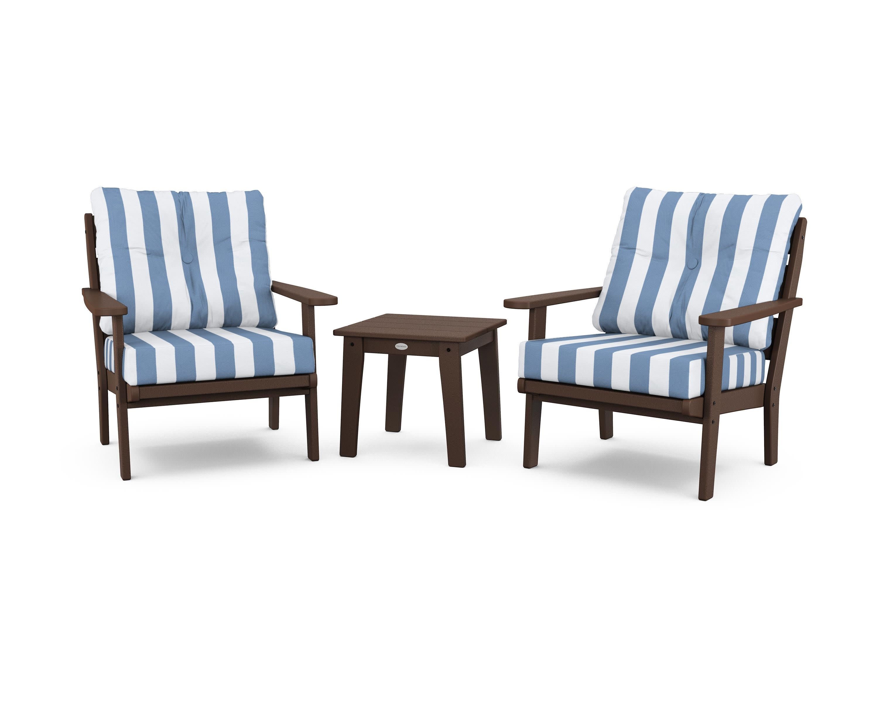 Lakeside 3-Piece Deep Seating Chair Set in Mahogany / Cabana Stripe Sky Blue