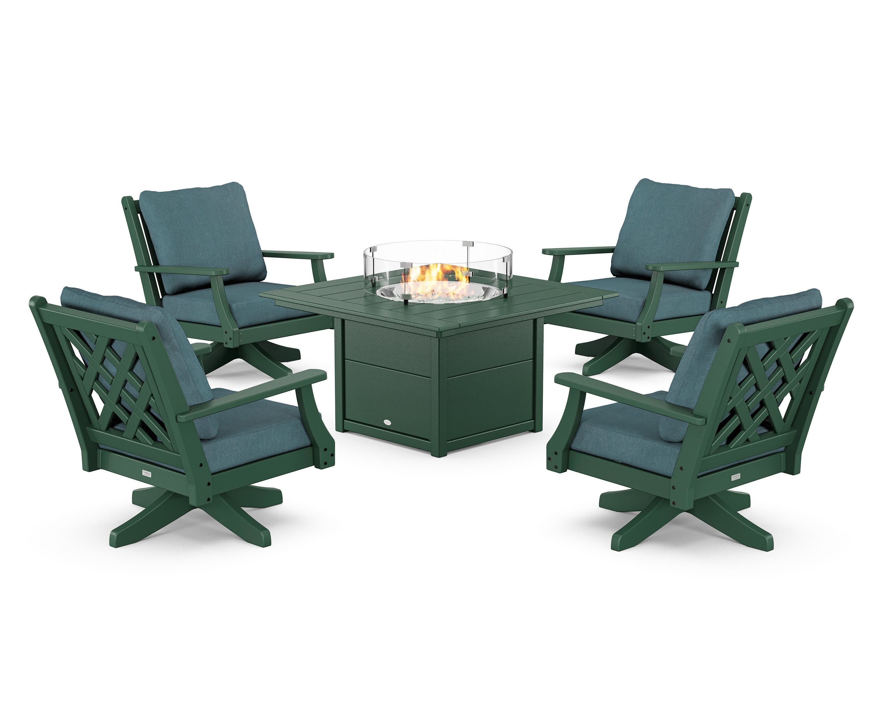 Wovendale 5-Piece Deep Seating Swivel Conversation Set with Fire Pit Table in Green / Ocean Teal