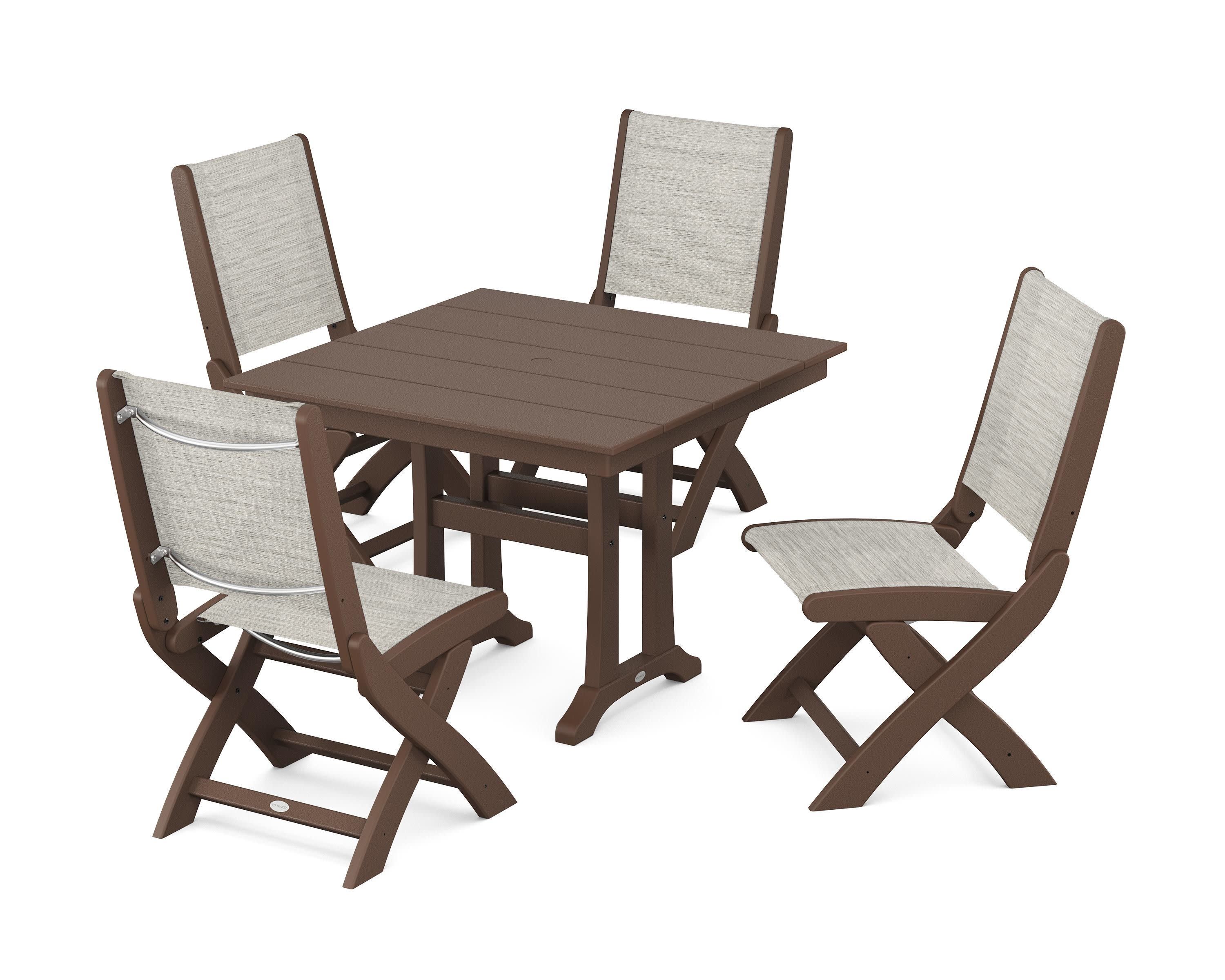 Coastal Folding Side Chair 5-Piece Farmhouse Dining Set With Trestle Legs in Mahogany / Birch Sling