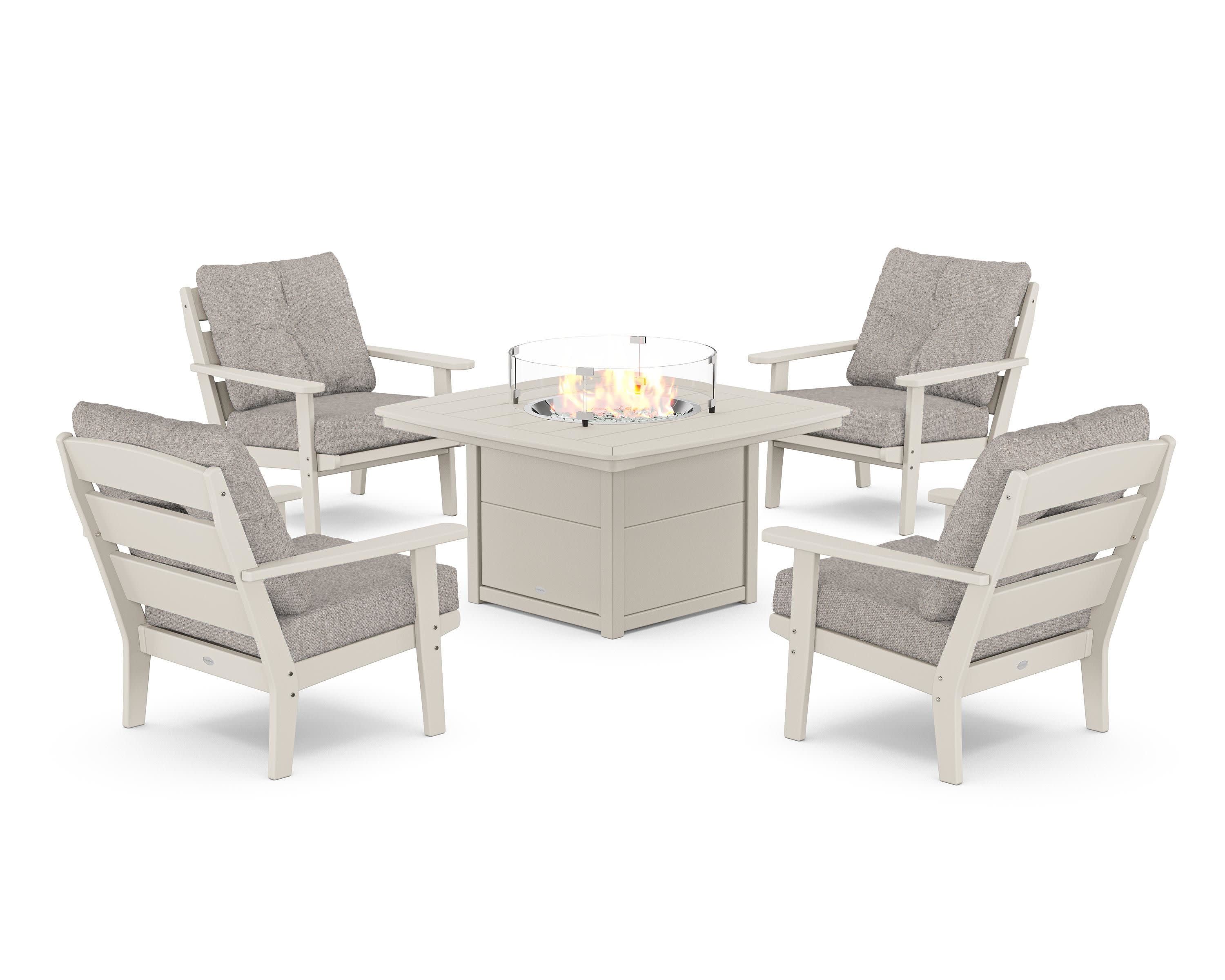 Lakeside 5-Piece Deep Seating Set with Nautical Fire Pit Table in Sand / Weathered Tweed