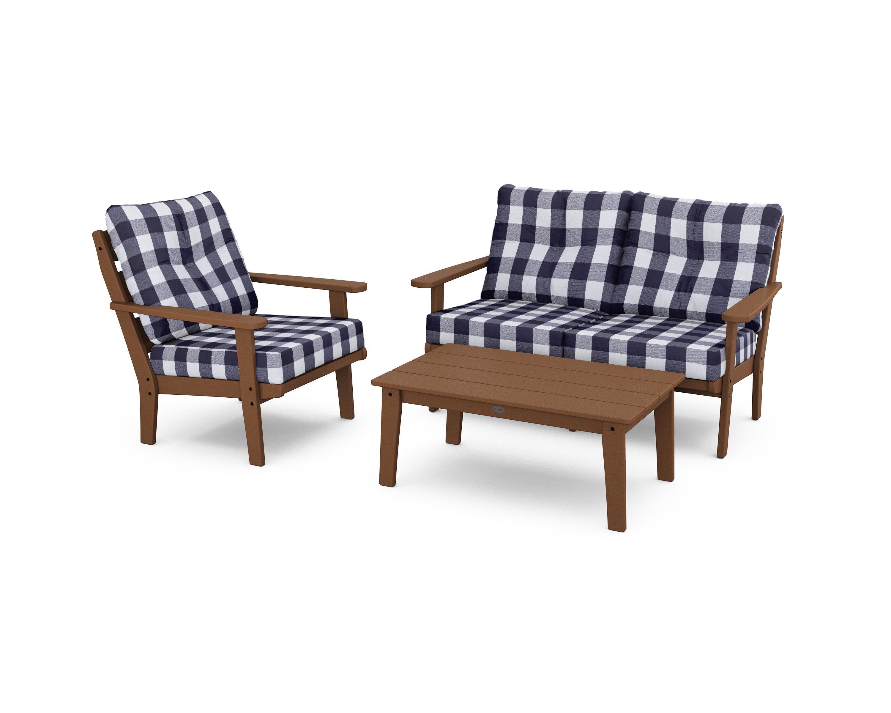 Lakeside 3-Piece Deep Seating Set in Teak / Buffalo Plaid Navy