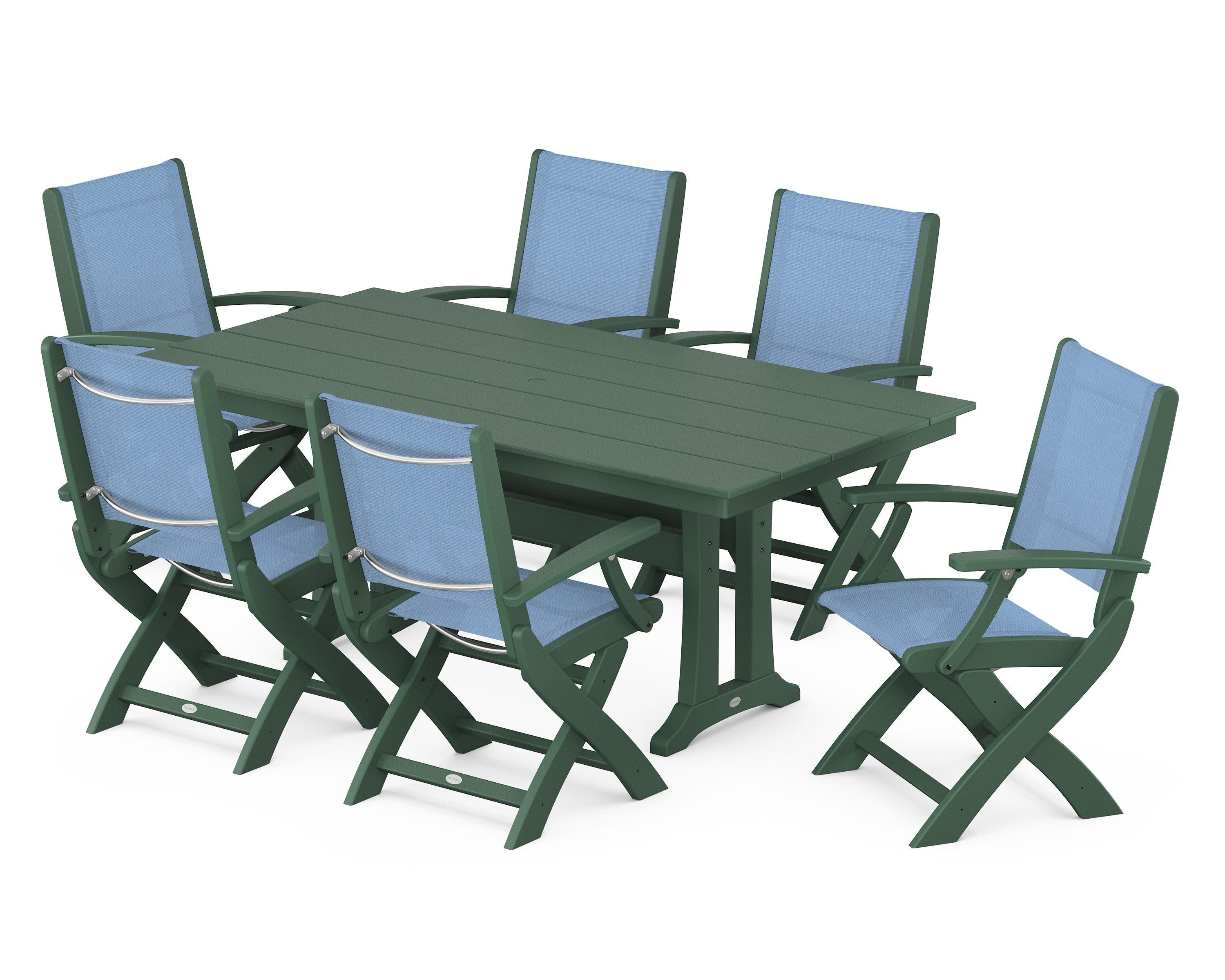 Coastal Folding Arm Chair 7-Piece Farmhouse Dining Set with Trestle Legs in Green / Poolside Sling