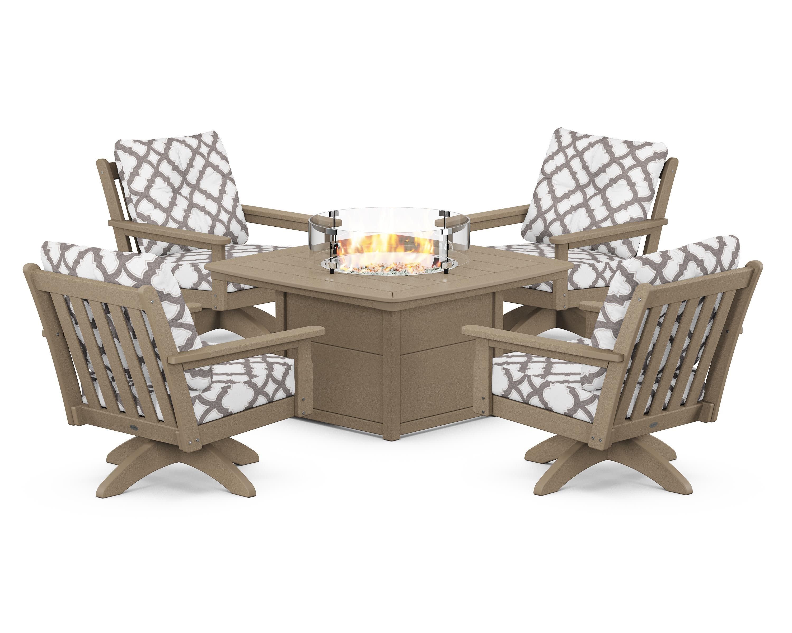 Vineyard 5-Piece Deep Seating Swivel Conversation Set with Fire Pit Table in Vintage Sahara / Trellis Grey Mist