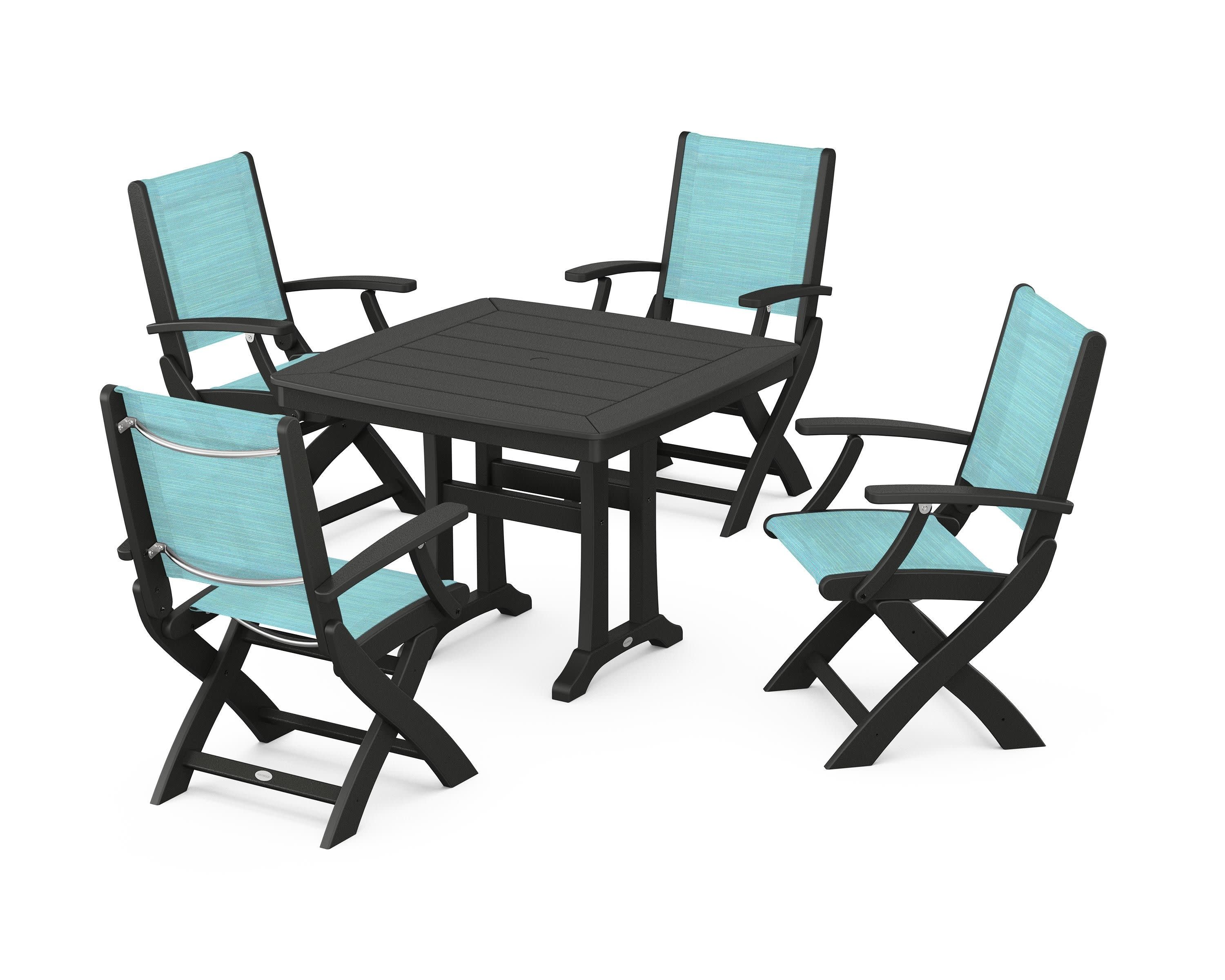 Coastal Folding Chair 5-Piece Dining Set with Trestle Legs in Black / Dupioni Aquamarine Sling