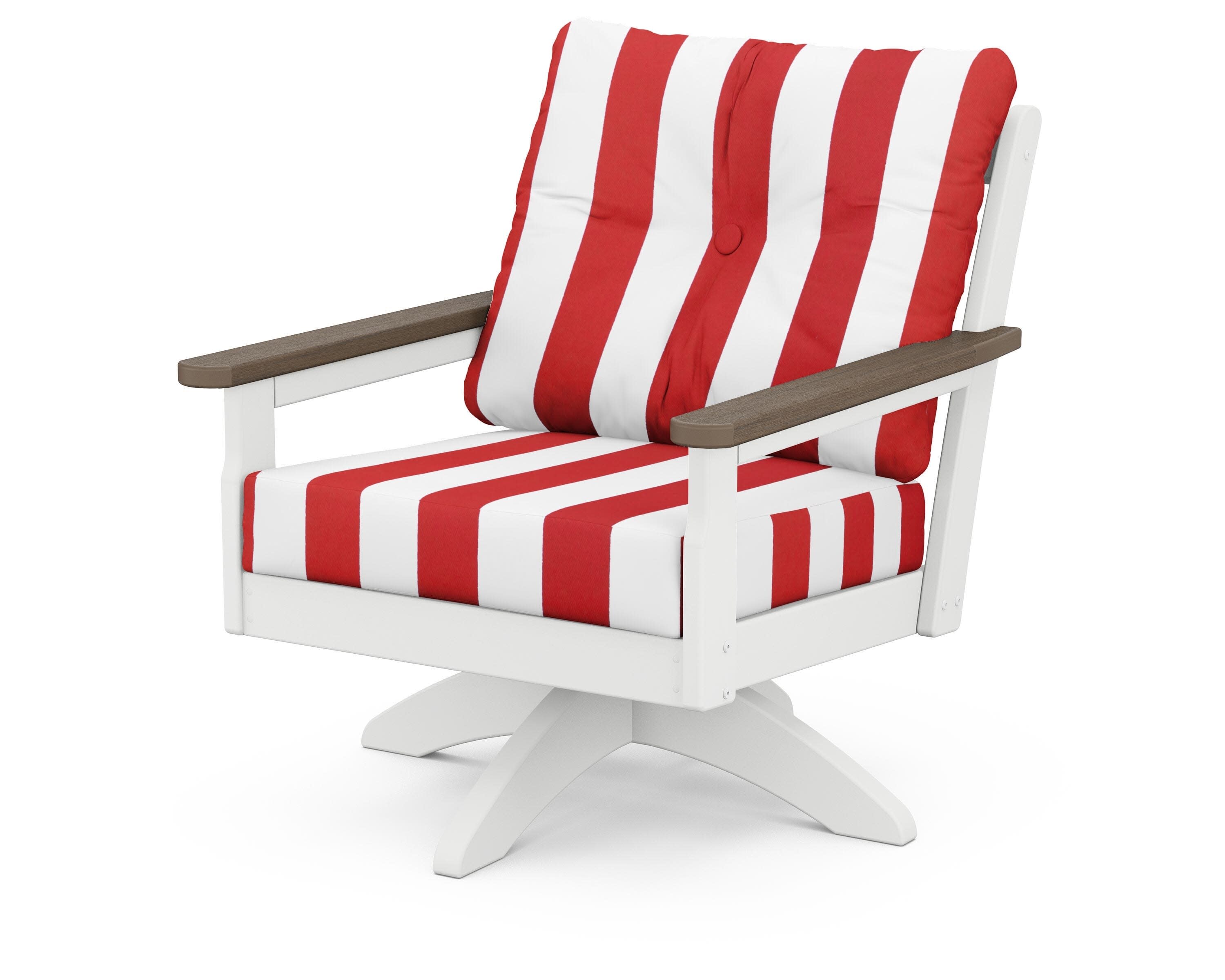 Vineyard Deep Seating Swivel Chair in White / Kona / Cabana Stripe Crimson