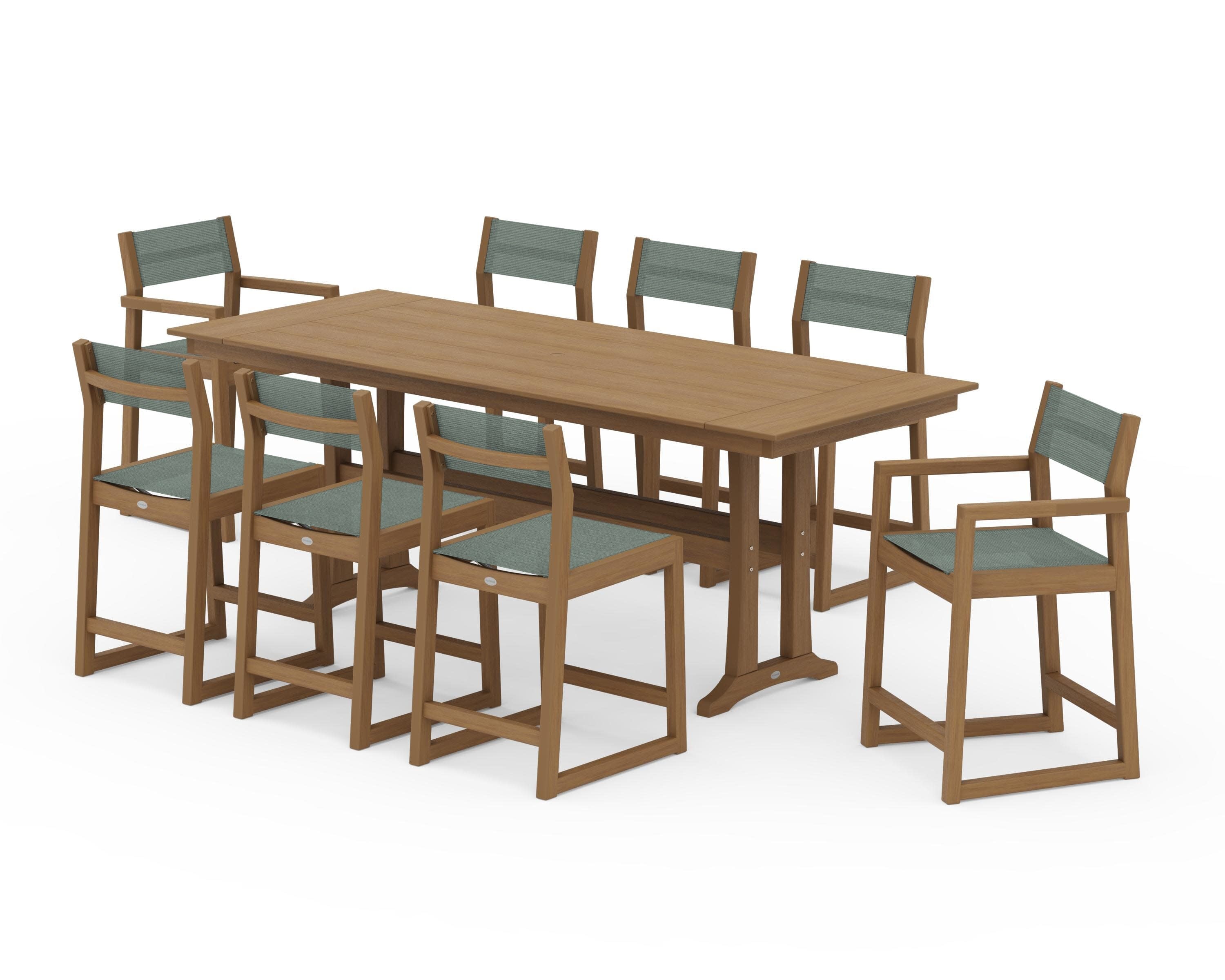EDGE Sling 9-Piece Farmhouse Counter Set with Trestle Legs in Natural / Dupioni Sea Mist Sling