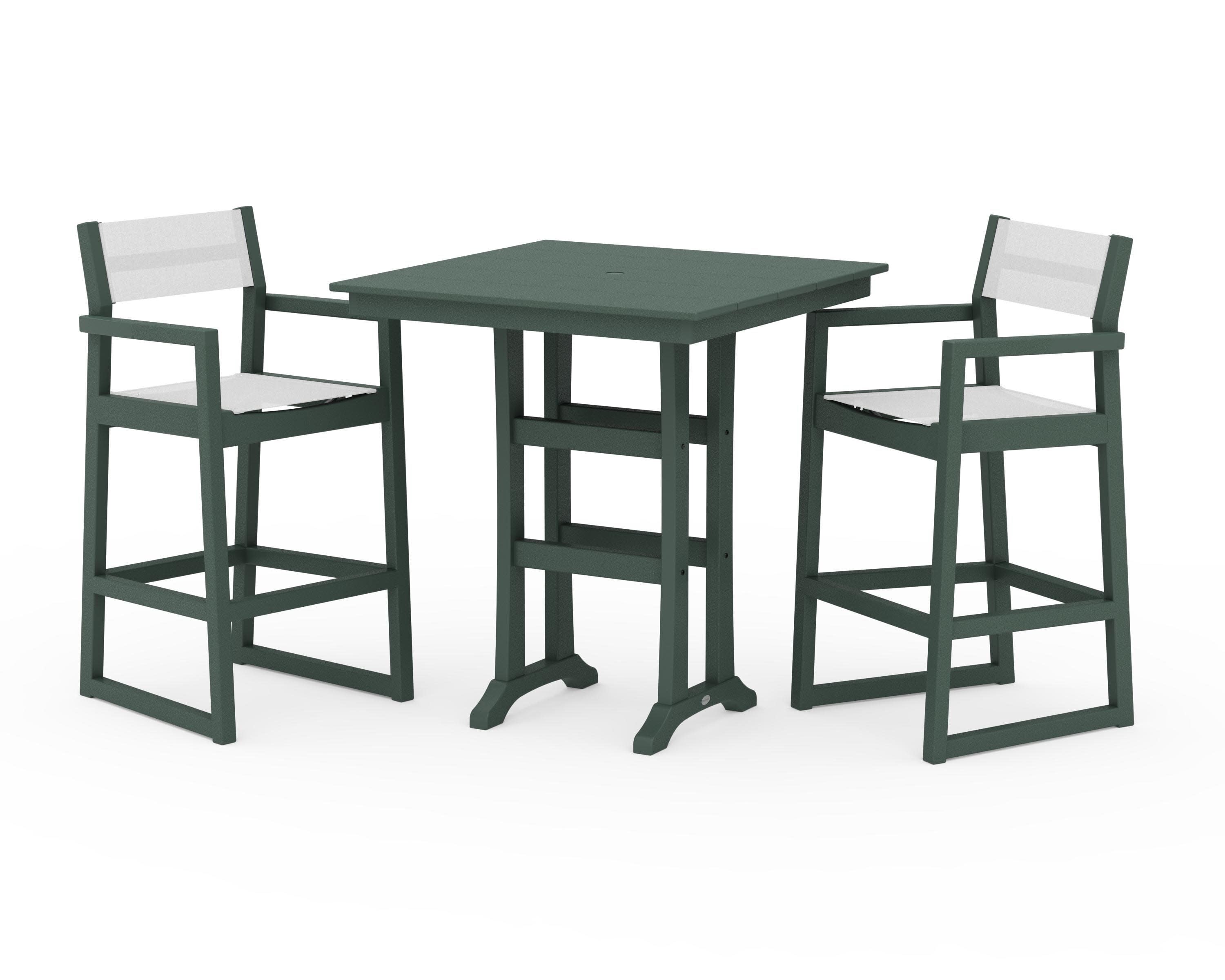 EDGE Sling Arm Chair 3-Piece Farmhouse Bar Set with Trestle Legs in Green / White Sling
