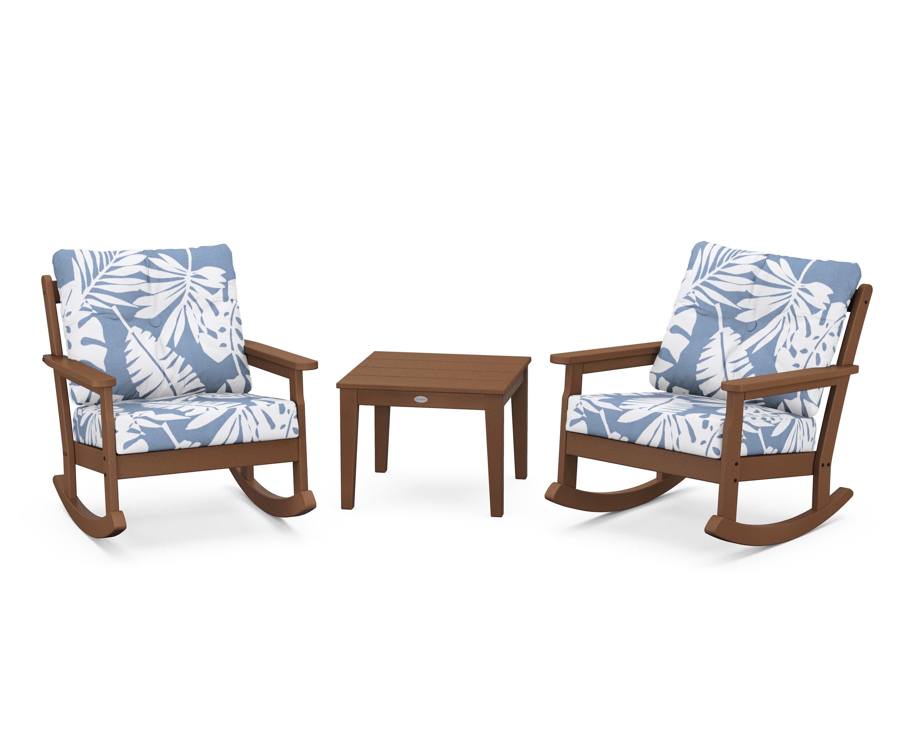 Vineyard 3-Piece Deep Seating Rocker Set in Teak / Leaf Sky Blue