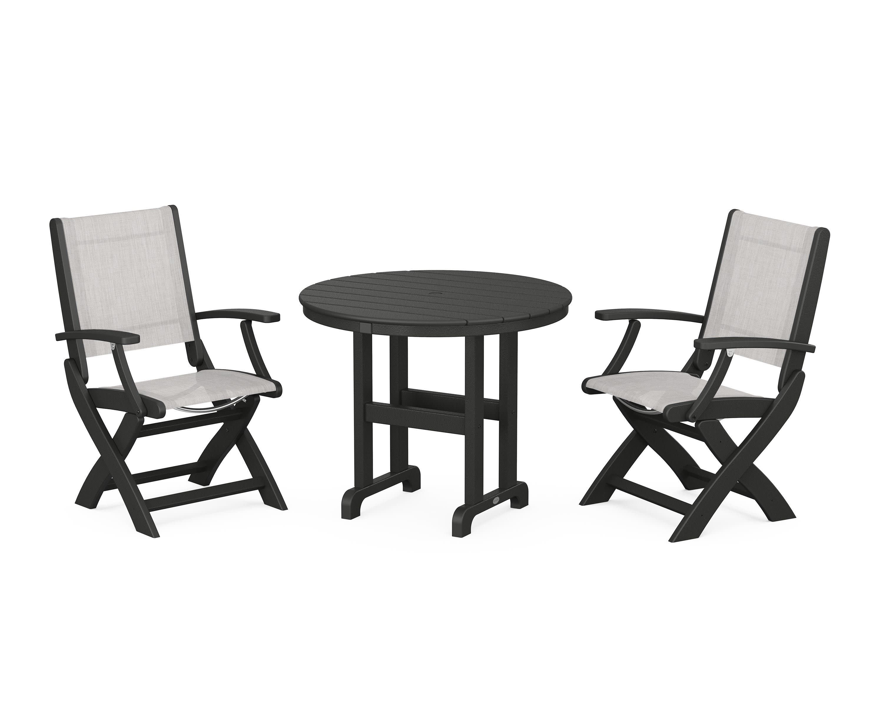 Coastal Folding Chair 3-Piece Round Dining Set in Black / Parchment Sling