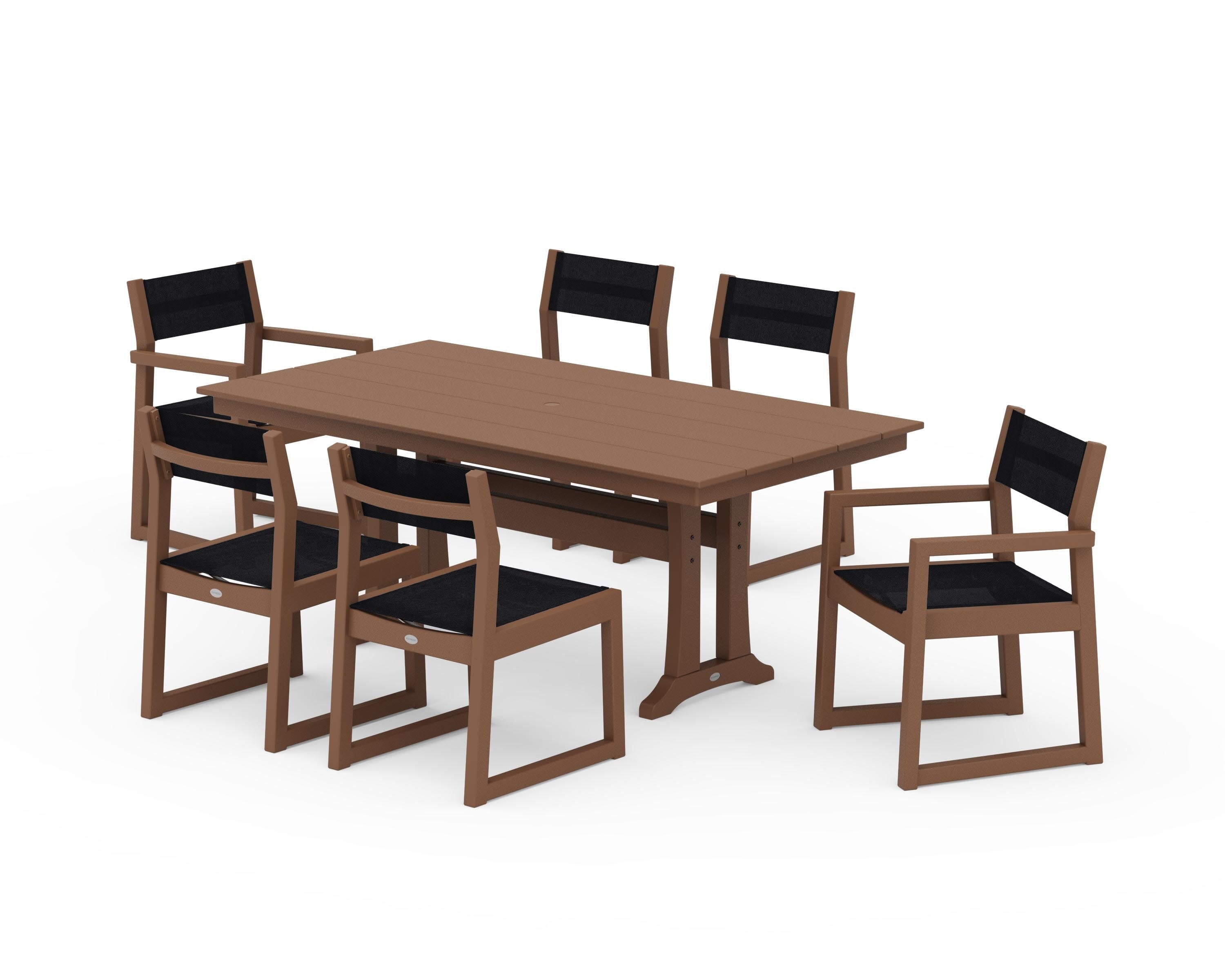EDGE Sling 7-Piece Farmhouse Trestle Dining Set in Teak / Black Sling