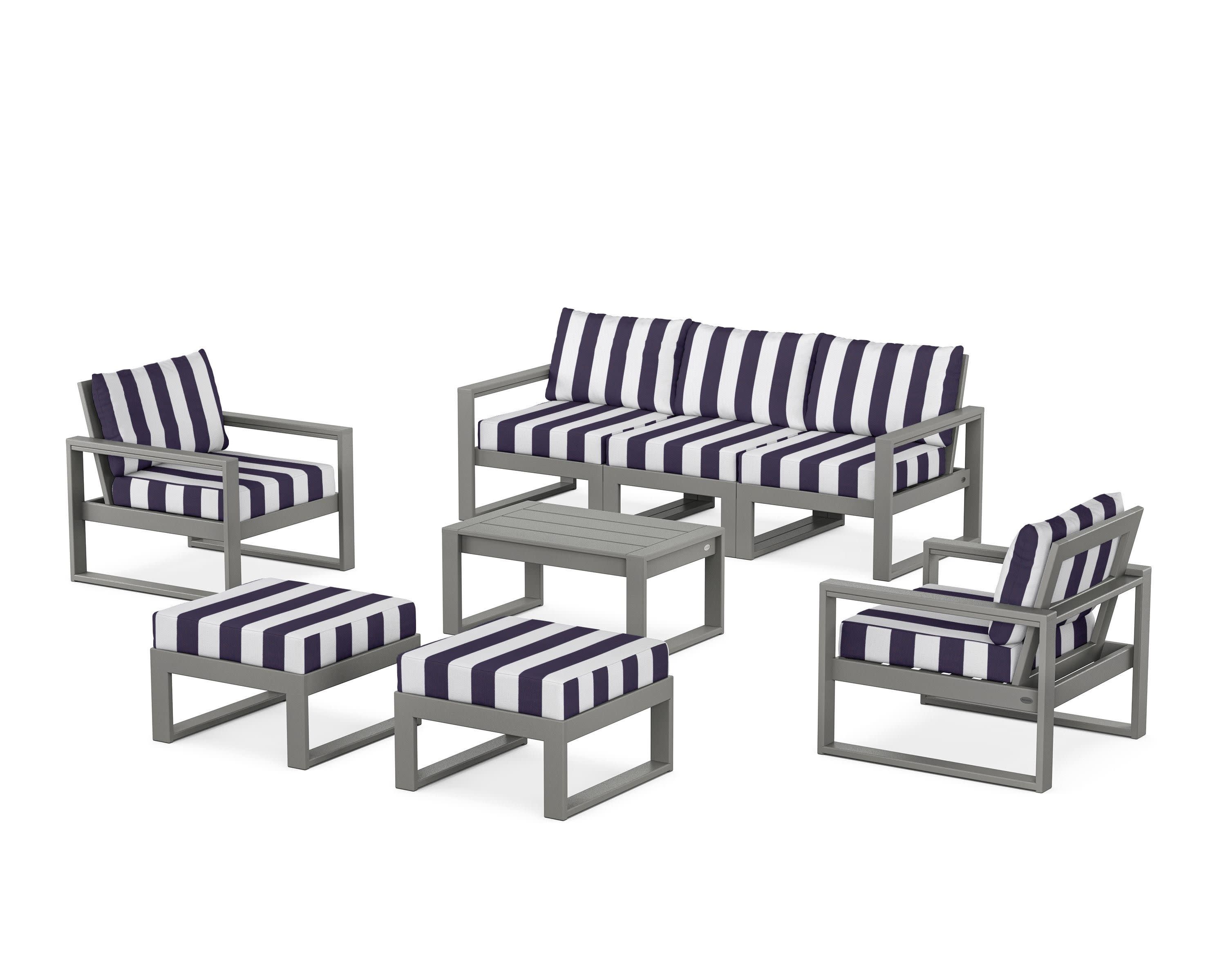 EDGE Sectional 8-Piece Lounge Sofa Set in Slate Grey / Cabana Stripe Navy