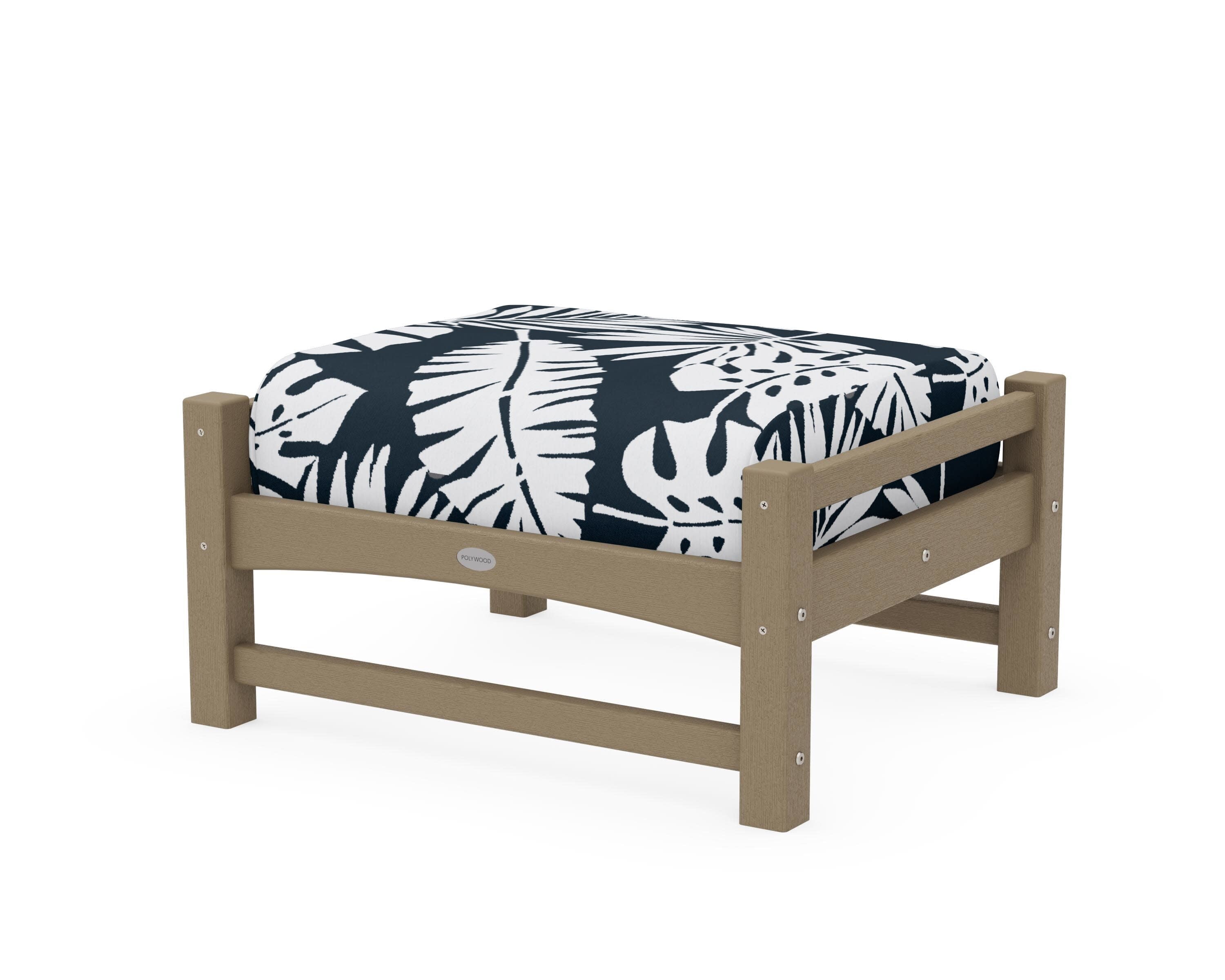 Club Ottoman in Vintage Sahara / Leaf Marine Indigo