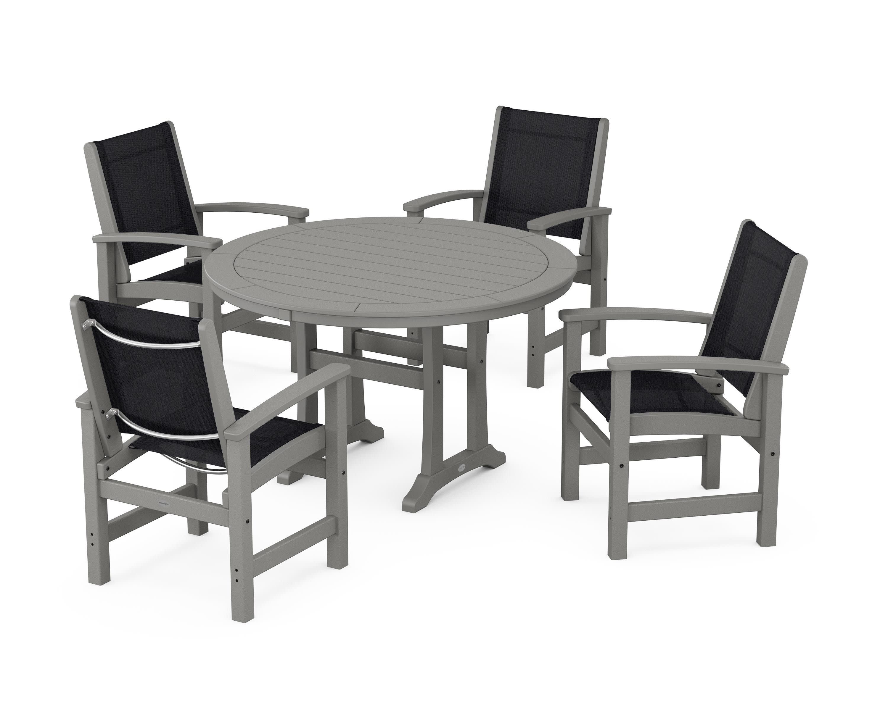 Coastal 5-Piece Round Dining Set with Trestle Legs in Slate Grey / Black Sling