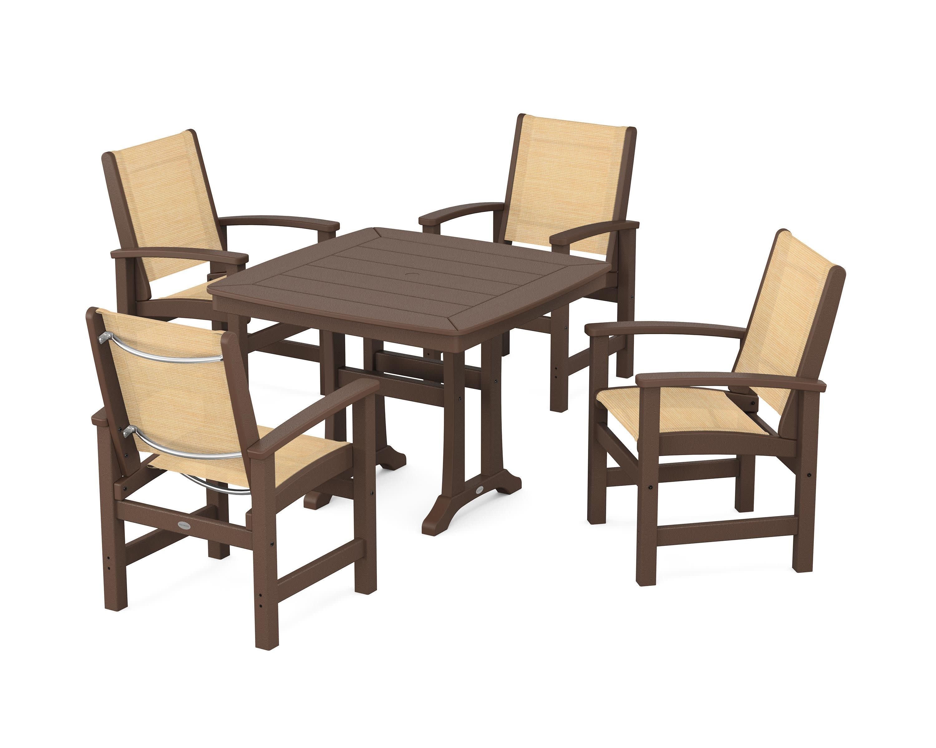 Coastal 5-Piece Dining Set with Trestle Legs in Mahogany / Dupioni Apricot Sling