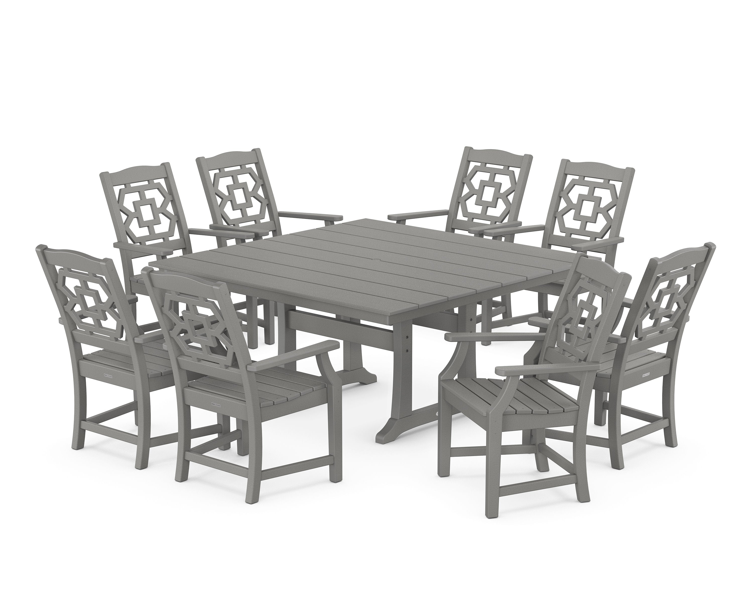 Chinoiserie 9-Piece Square Farmhouse Dining Set with Trestle Legs in Slate Grey
