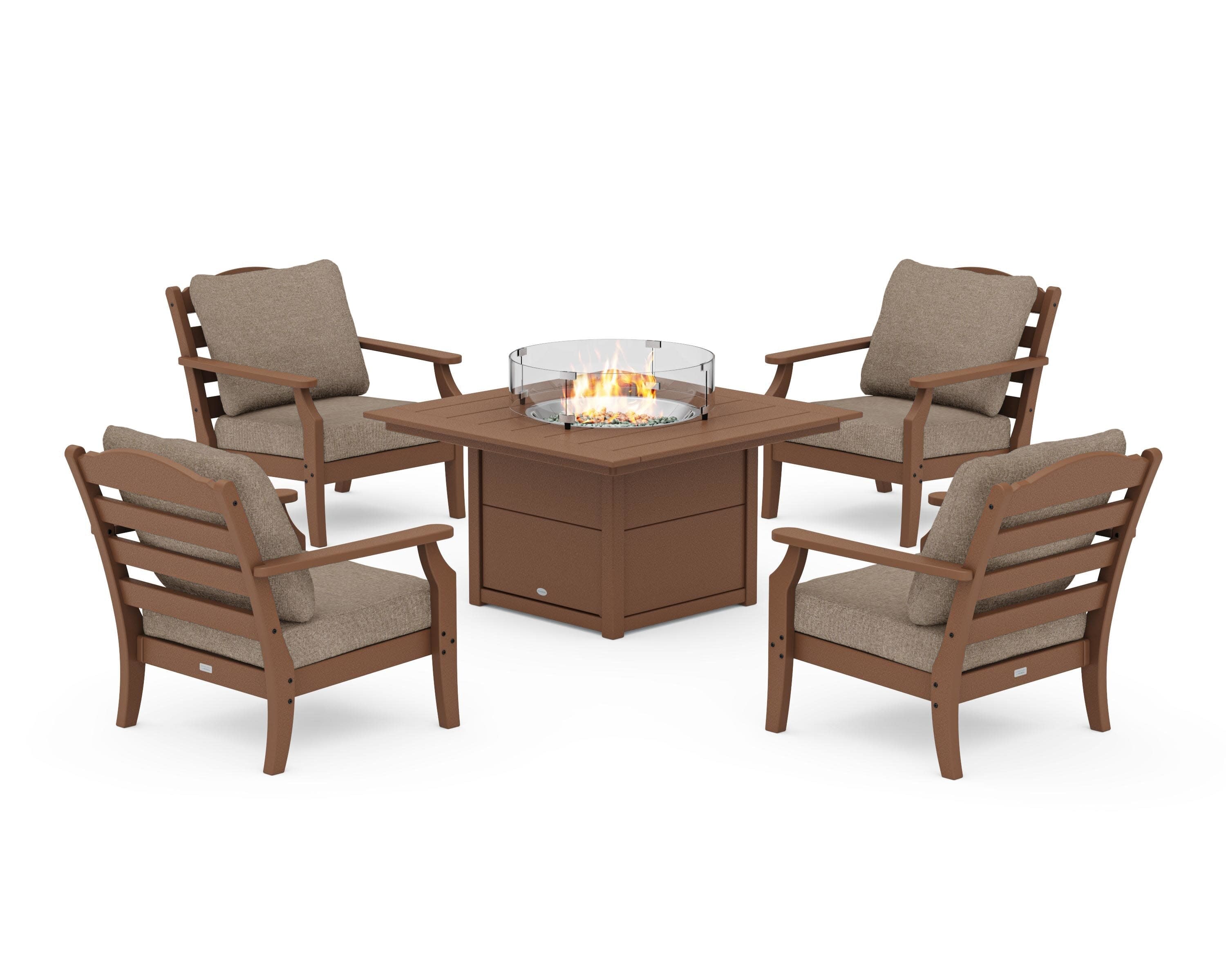 Savannah 5-Piece Deep Seating Set with Fire Pit Table in Teak / Spiced Burlap