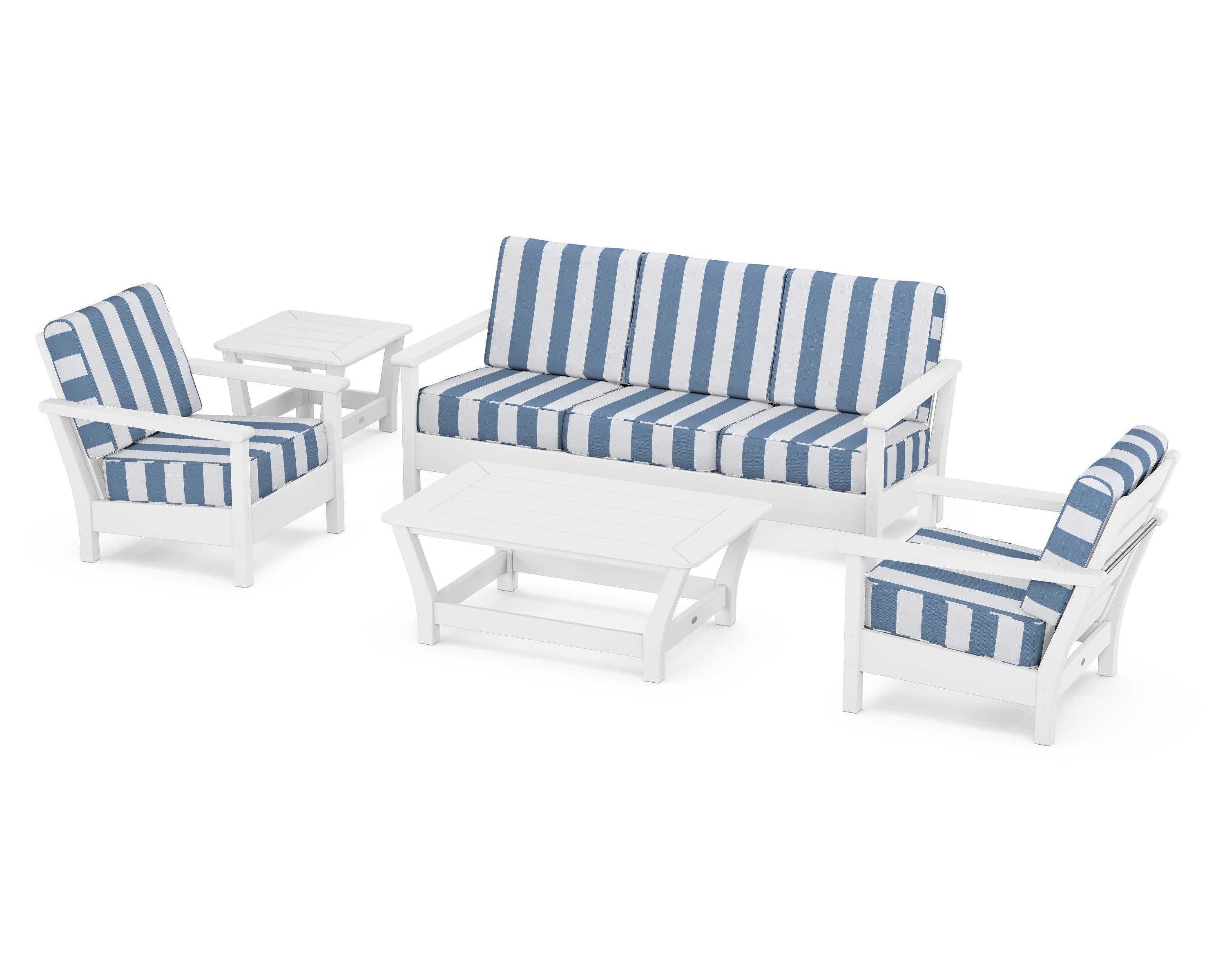 Harbour 5-Piece Deep Seating Set in White / Cabana Stripe Sky Blue