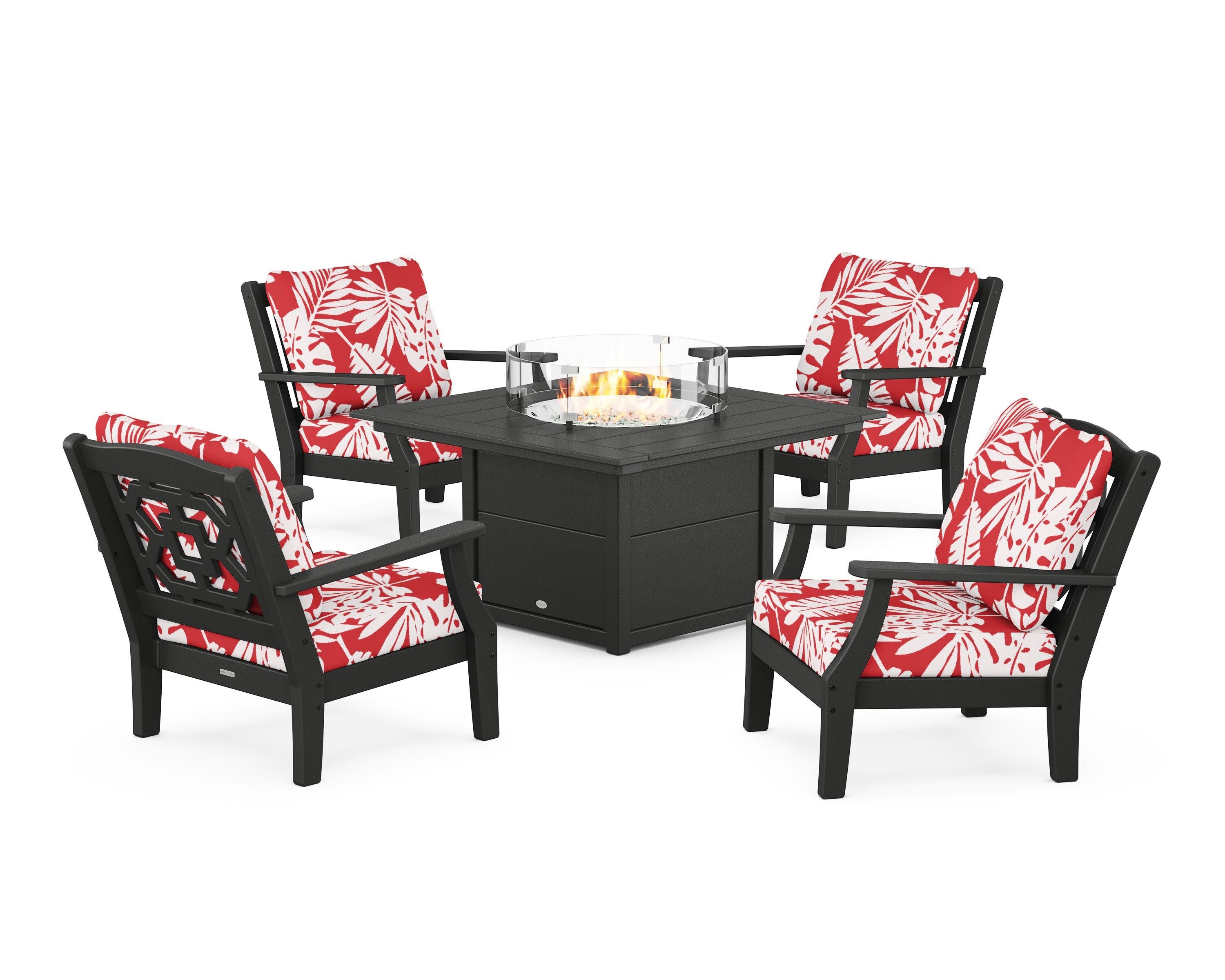 Chinoiserie 5-Piece Deep Seating Set with Fire Pit Table in Black / Leaf Crimson