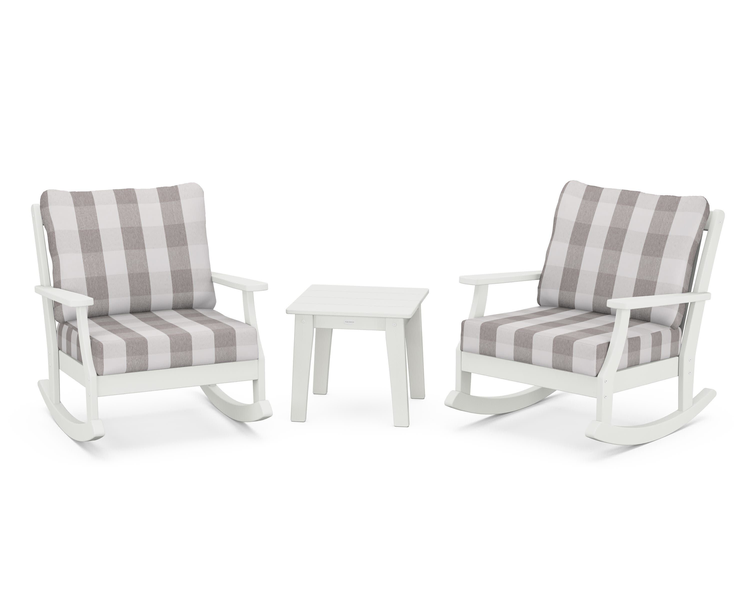 Braxton 3-Piece Deep Seating Rocker Set in Vintage White / Buffalo Plaid Grey Mist